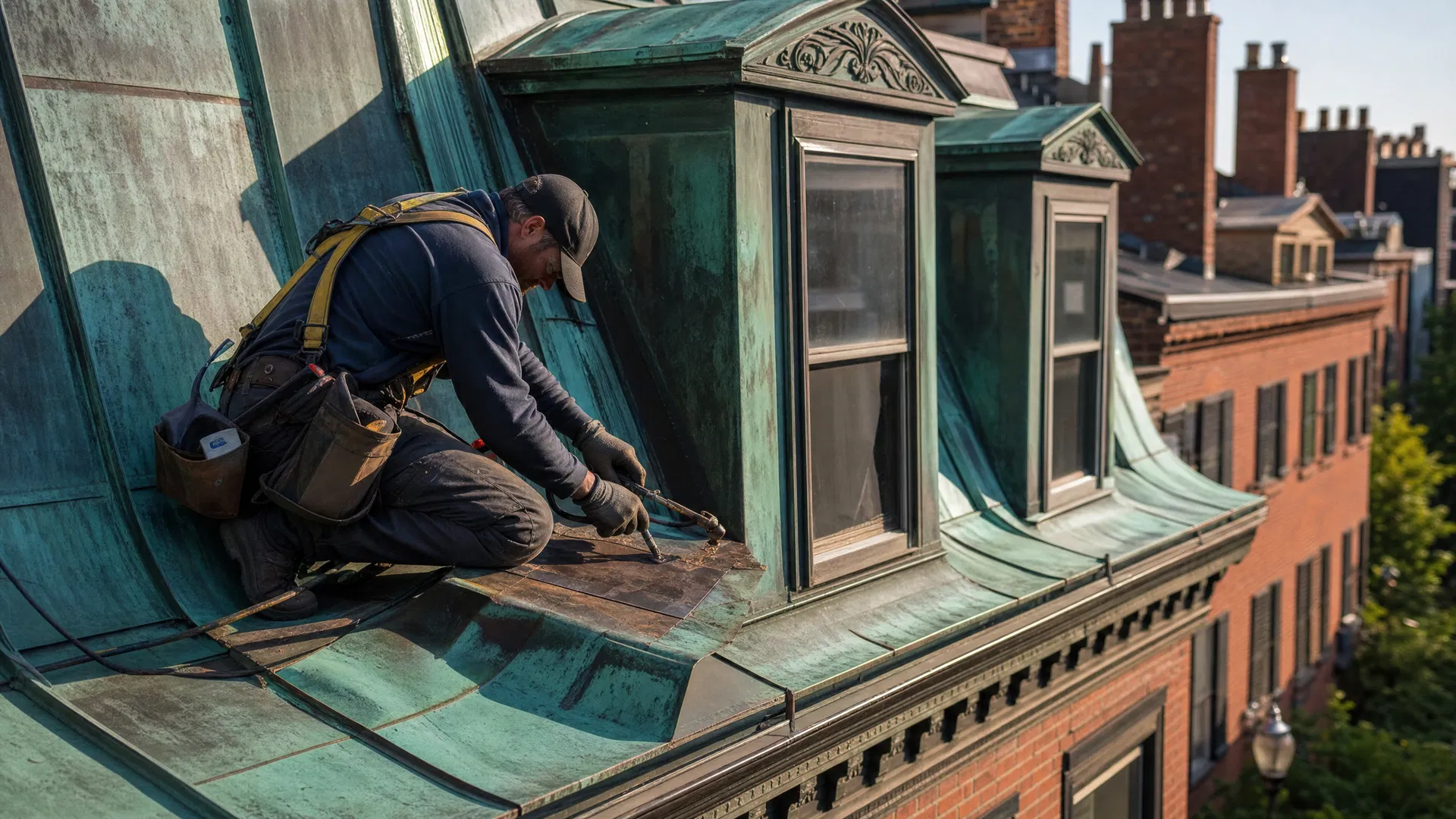 Expert craftsman repairing copper roof on a Beacon Hill rowhouse