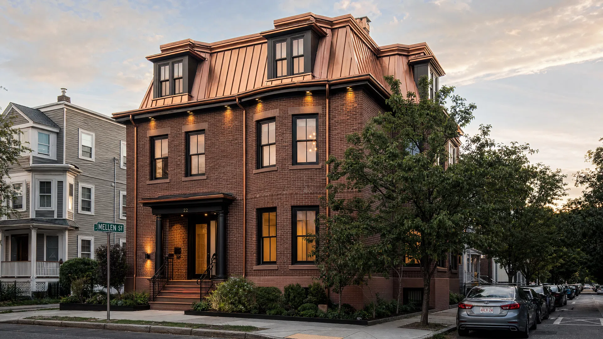Renovated triple-decker in Somerville MA with new copper roof and gutters