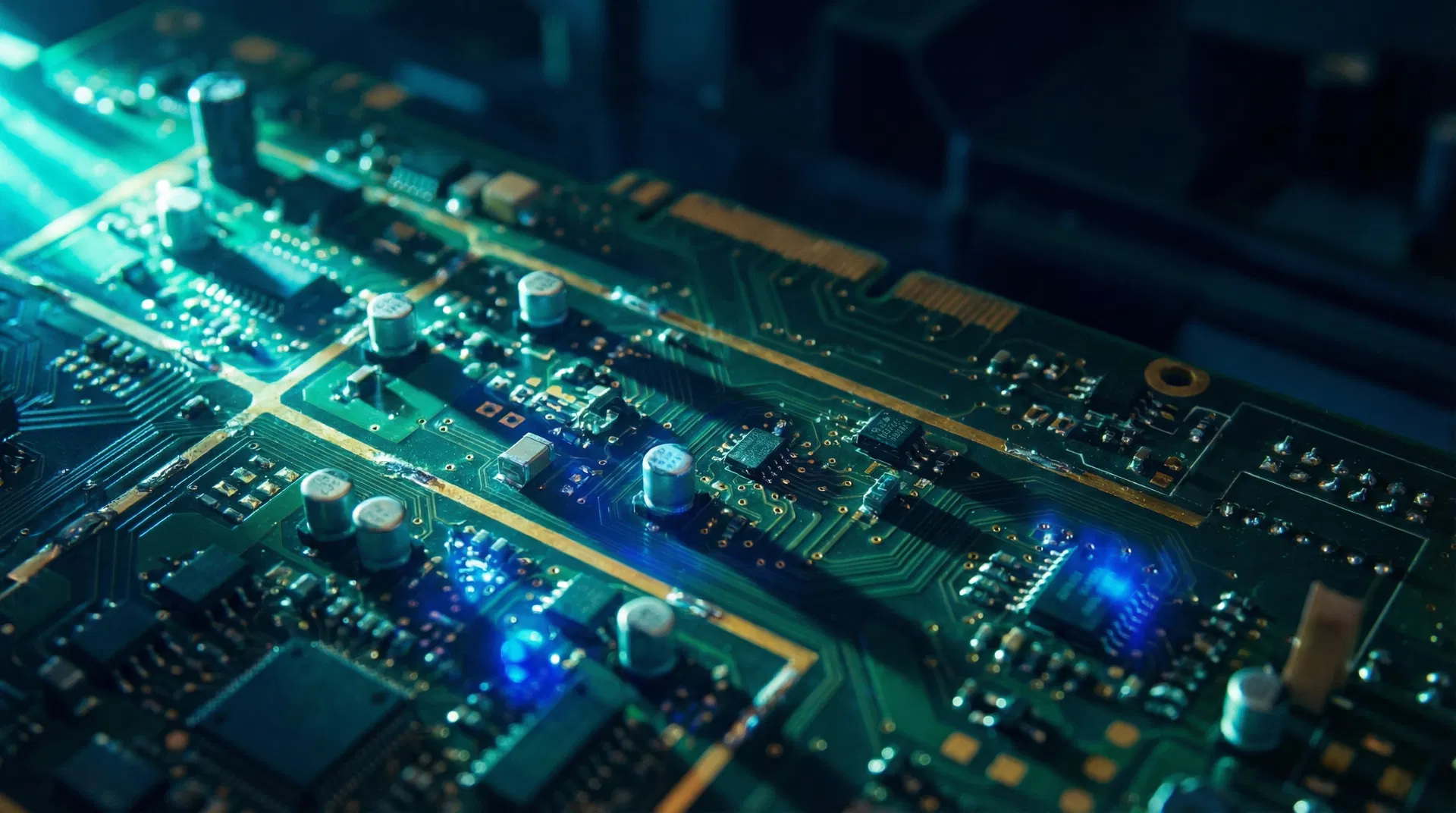 Circuit board close-up with cyan lighting