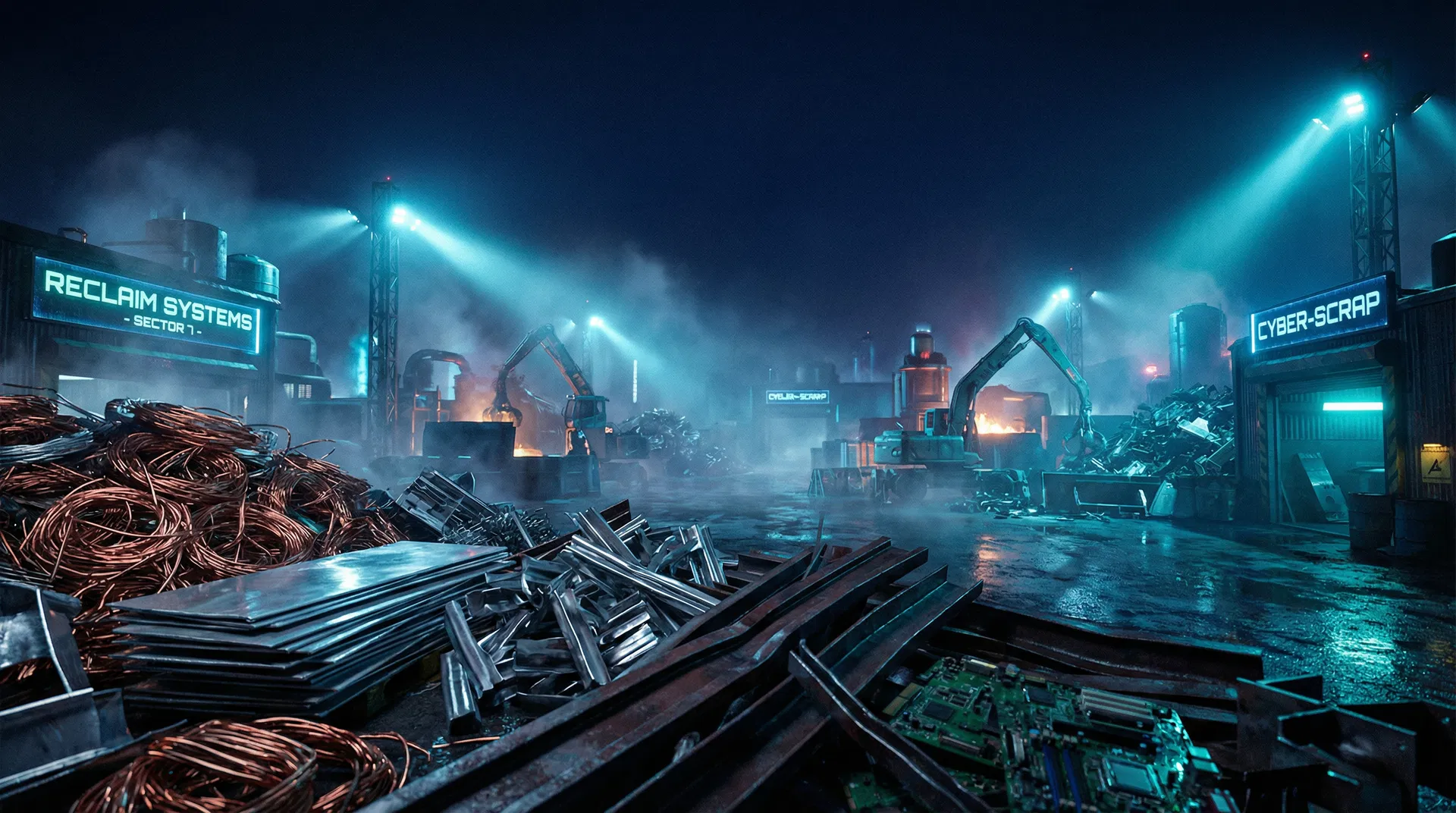 Scrapyard at night with cyan industrial lighting