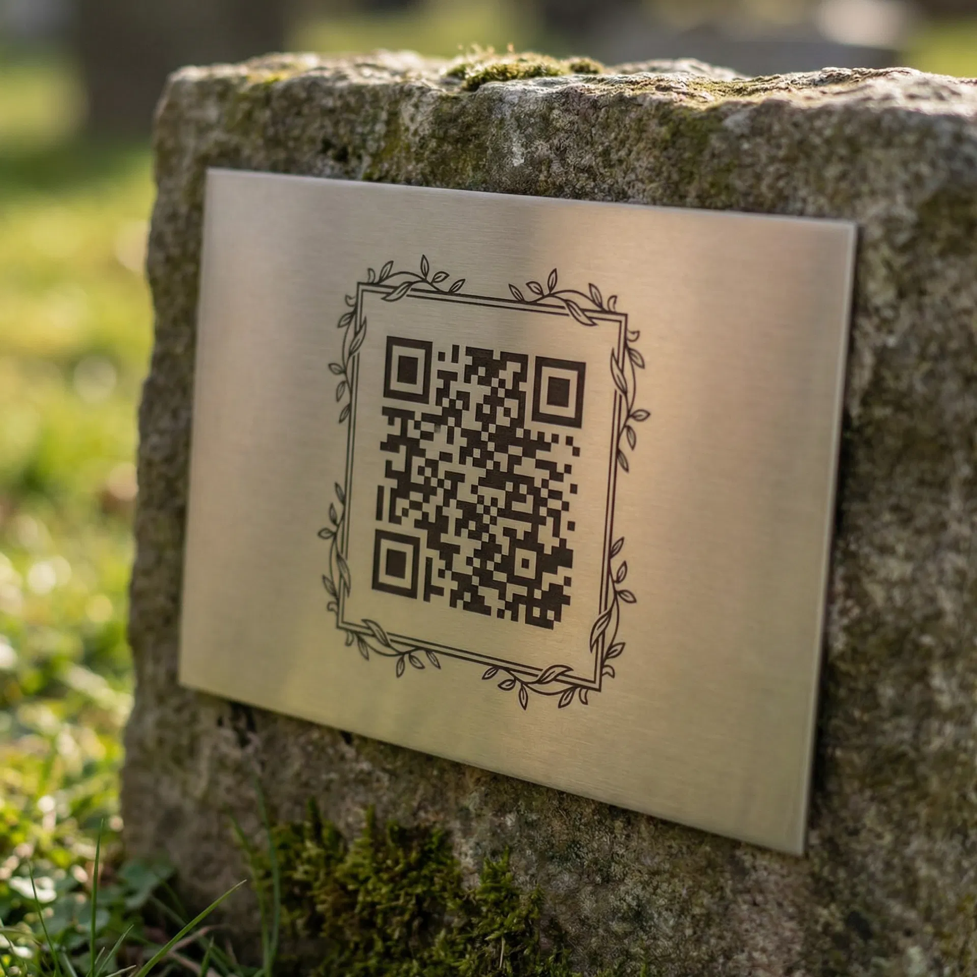 GraveLink stainless steel QR marker on a headstone
