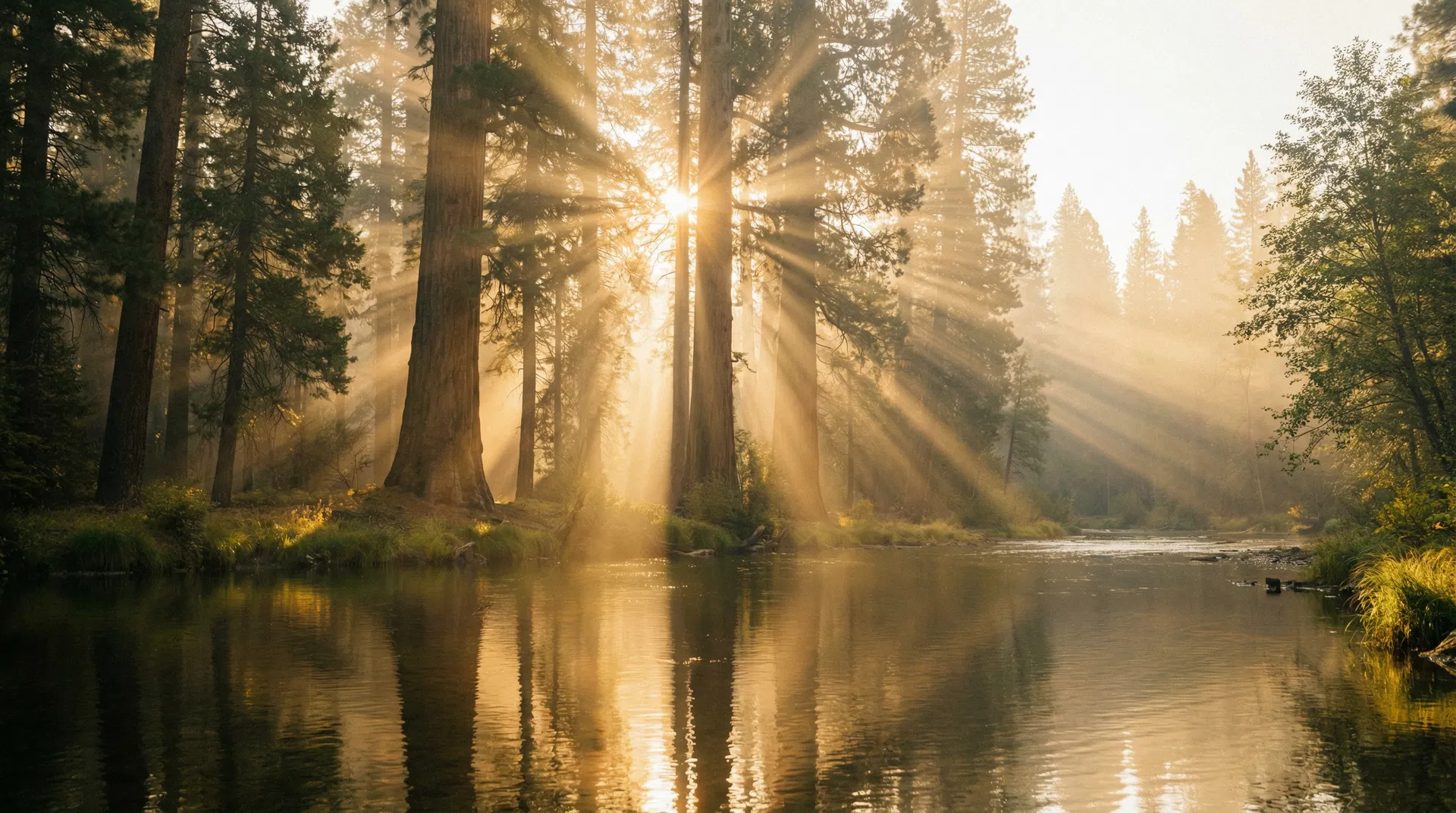 Friedlicher Wald bei Sonnenaufgang