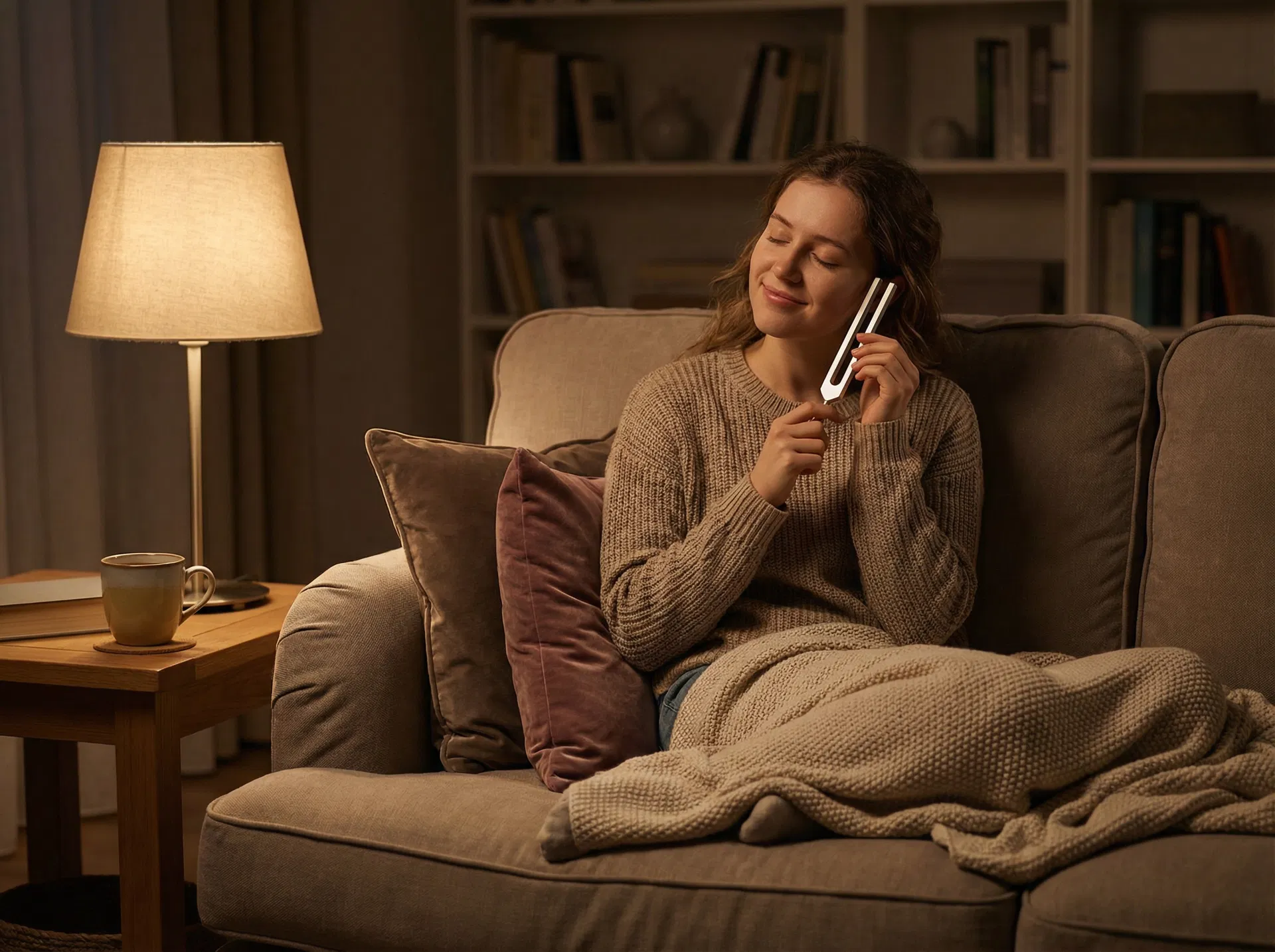 Junge Frau entspannt zuhause mit Lightdesign-Stimmgabel