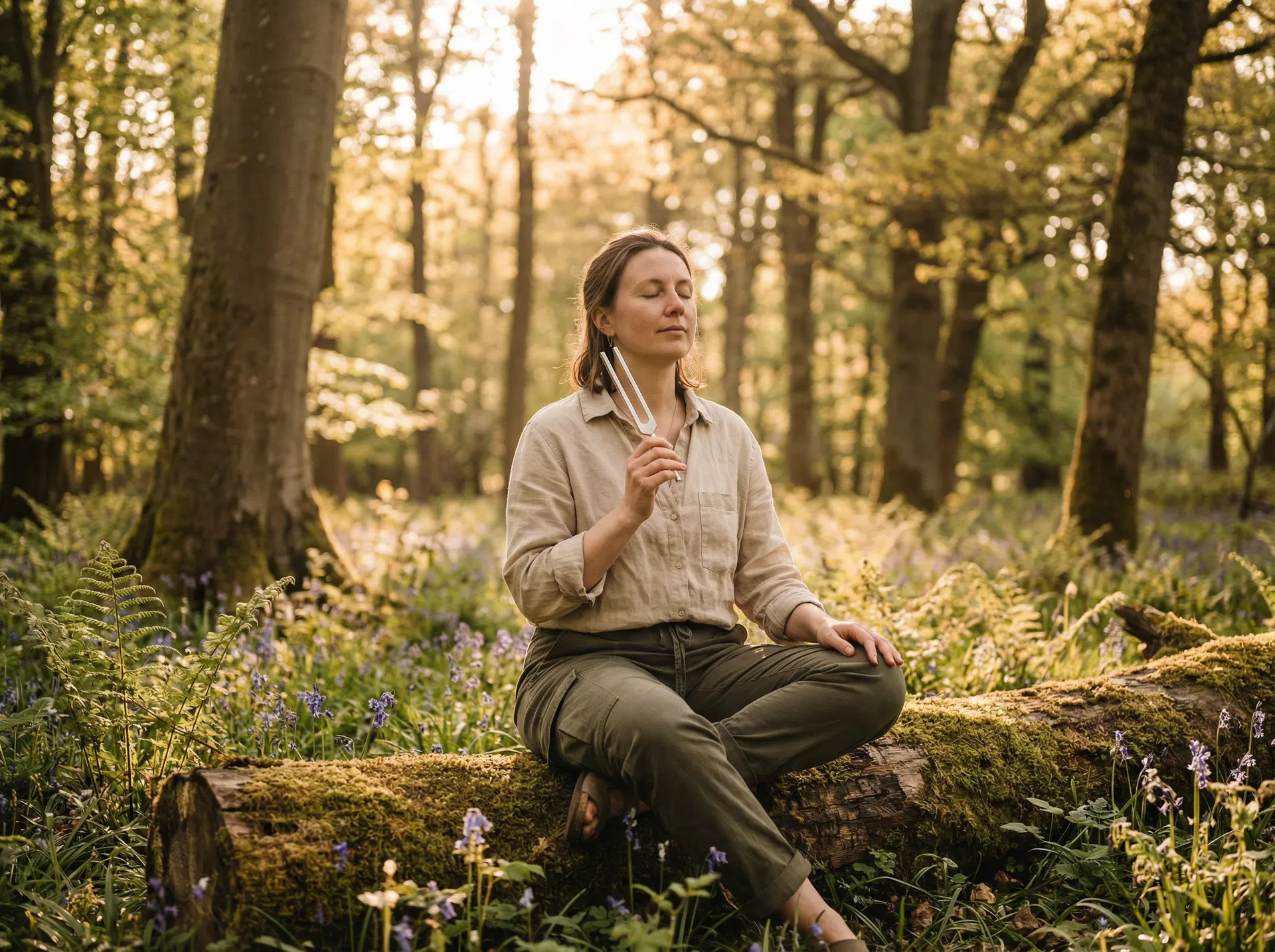 Frau genießt Stimmgabel-Klang auf einer Waldlichtung