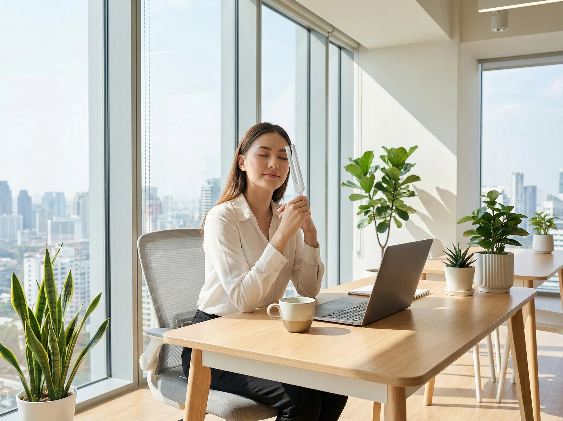 Frau nutzt Lightdesign-Stimmgabel für eine achtsame Pause am Schreibtisch