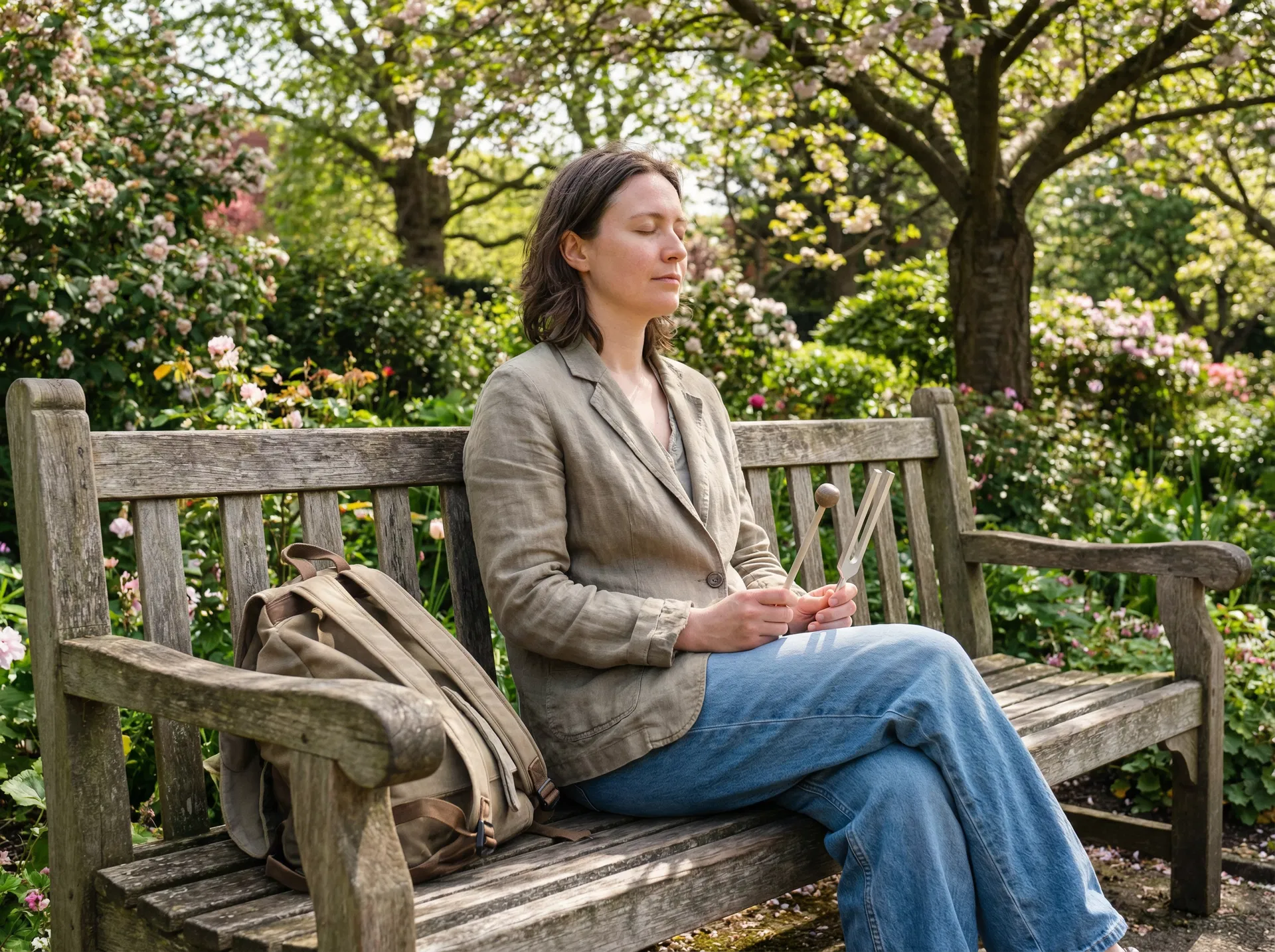 Person nutzt Lightdesign-Stimmgabel im Freien auf einer Parkbank