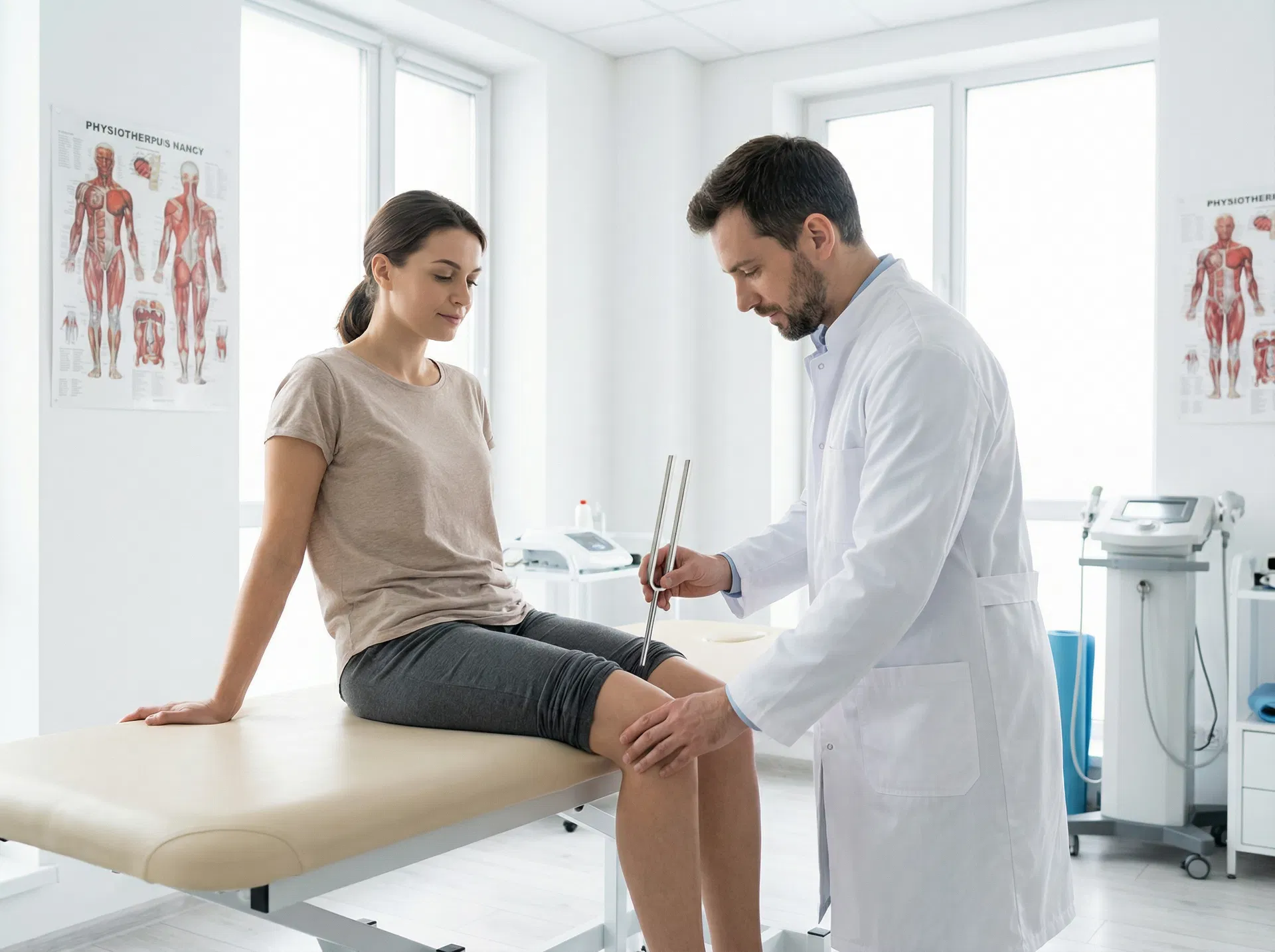 Physiotherapeut setzt Stimmgabel bei der Behandlung am Knie ein