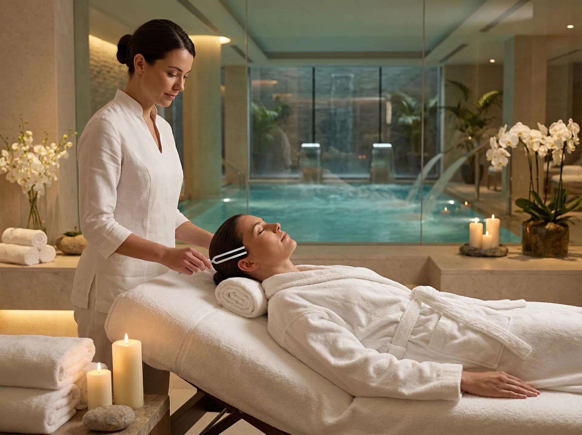 Spa-Therapeutin im Wellness-Hotel wendet Stimmgabel bei einer Gästin an