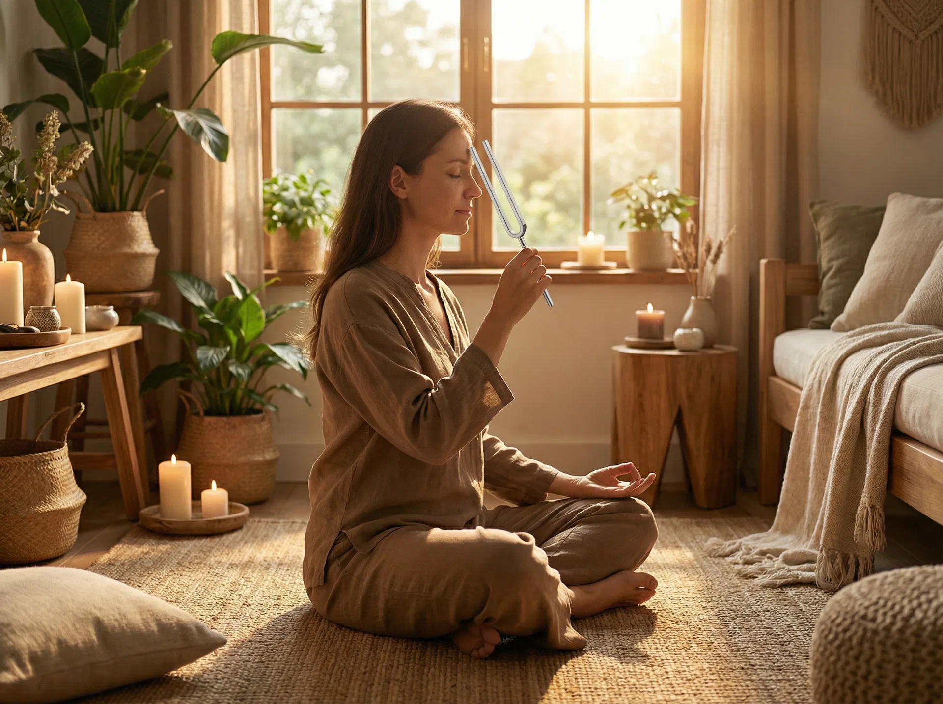 Frau meditiert mit Wellness-Stimmgabel am dritten Auge