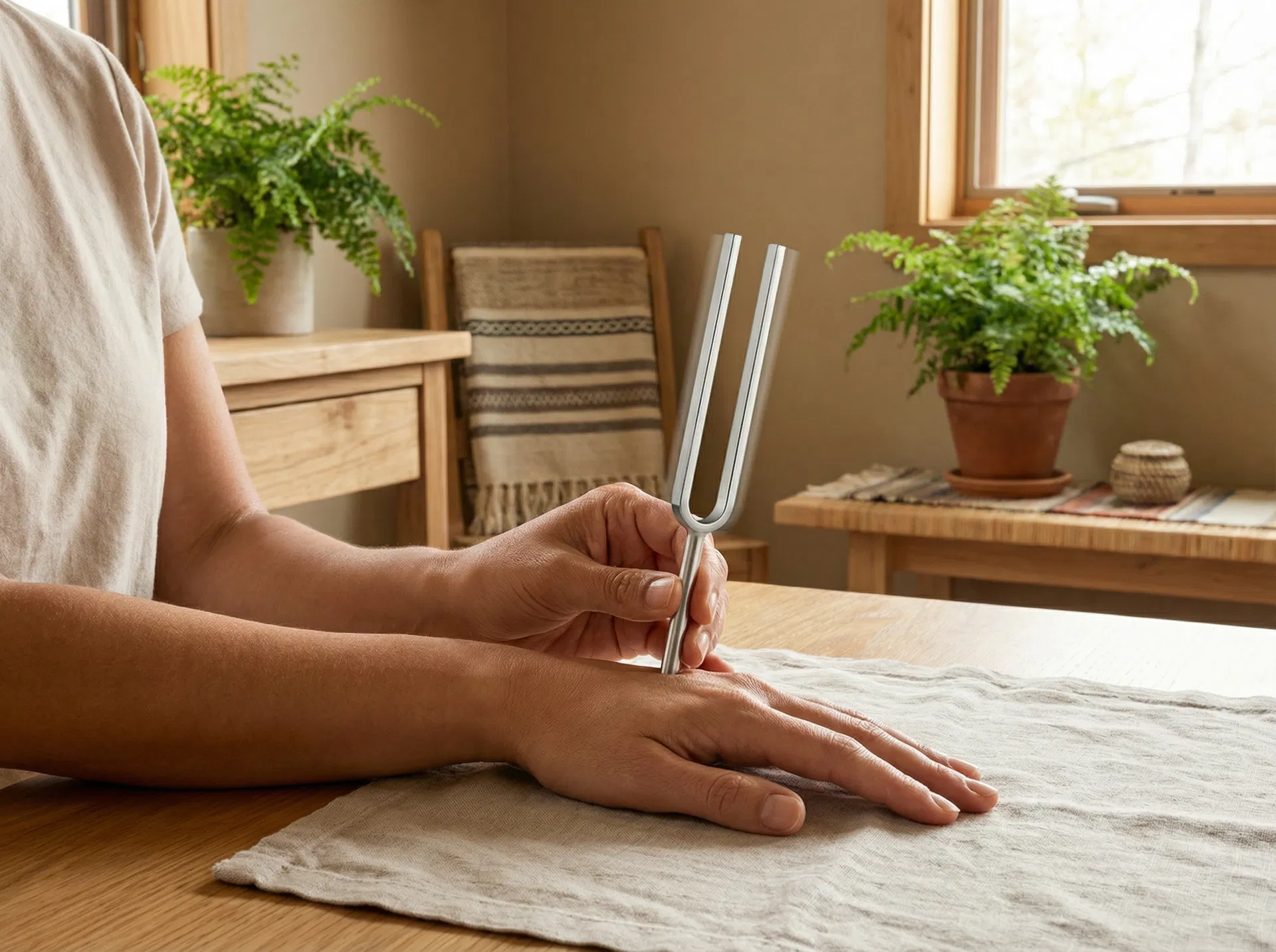 Heilpraktikerin nutzt Stimmgabel an Akupressurpunkten