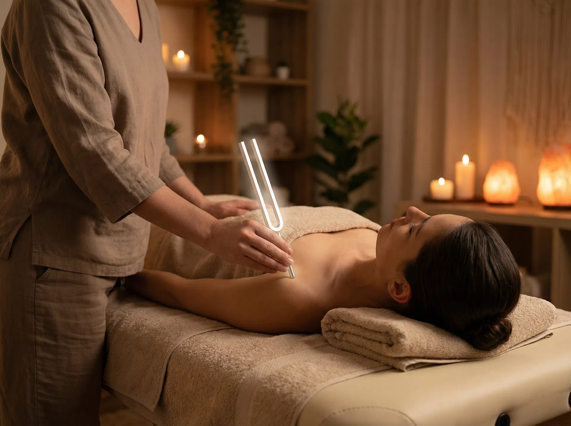 Therapeutin wendet Wellness-Stimmgabel bei einer Klangtherapie-Sitzung an
