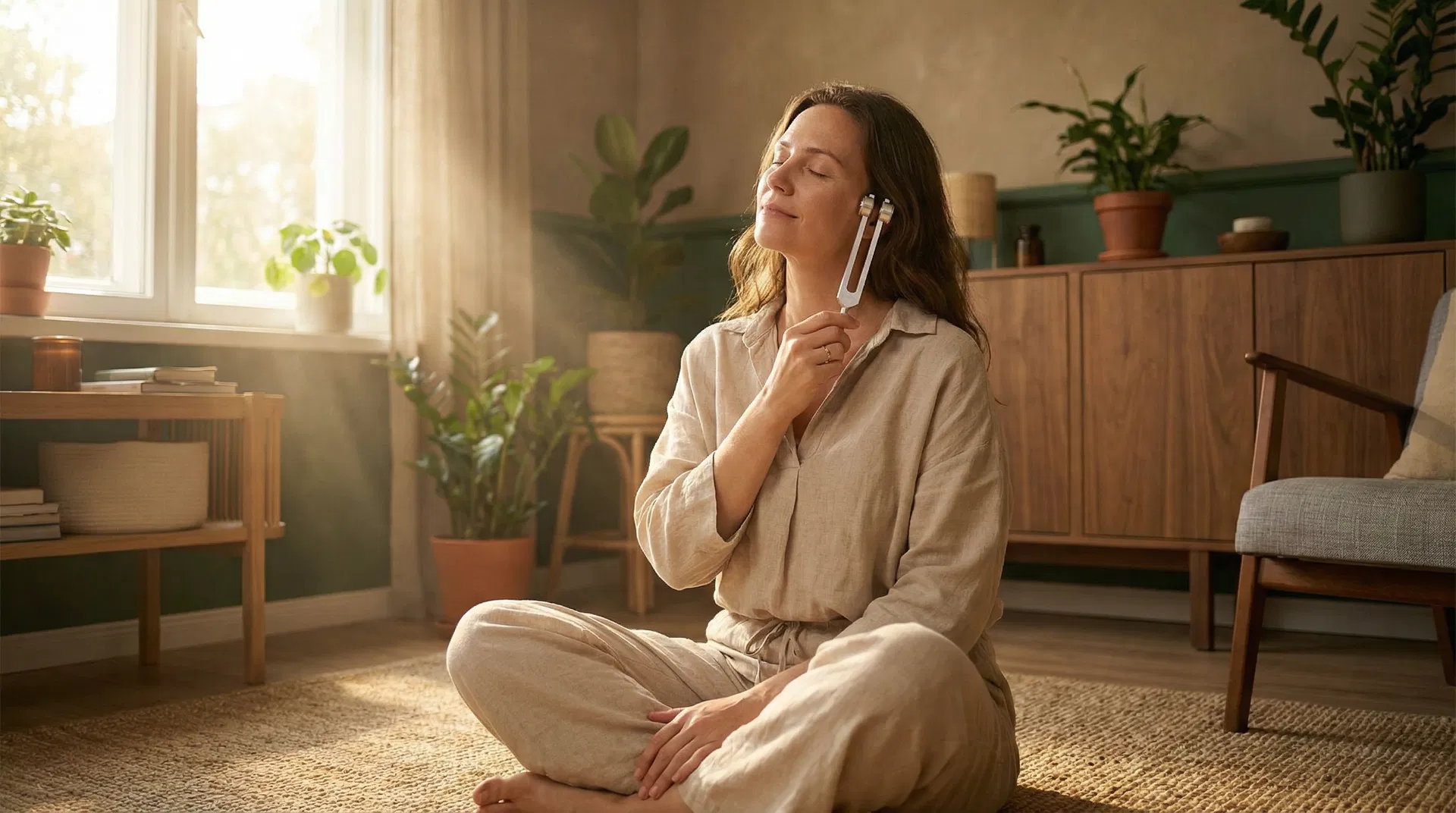 Frau meditiert mit Stimmgabel