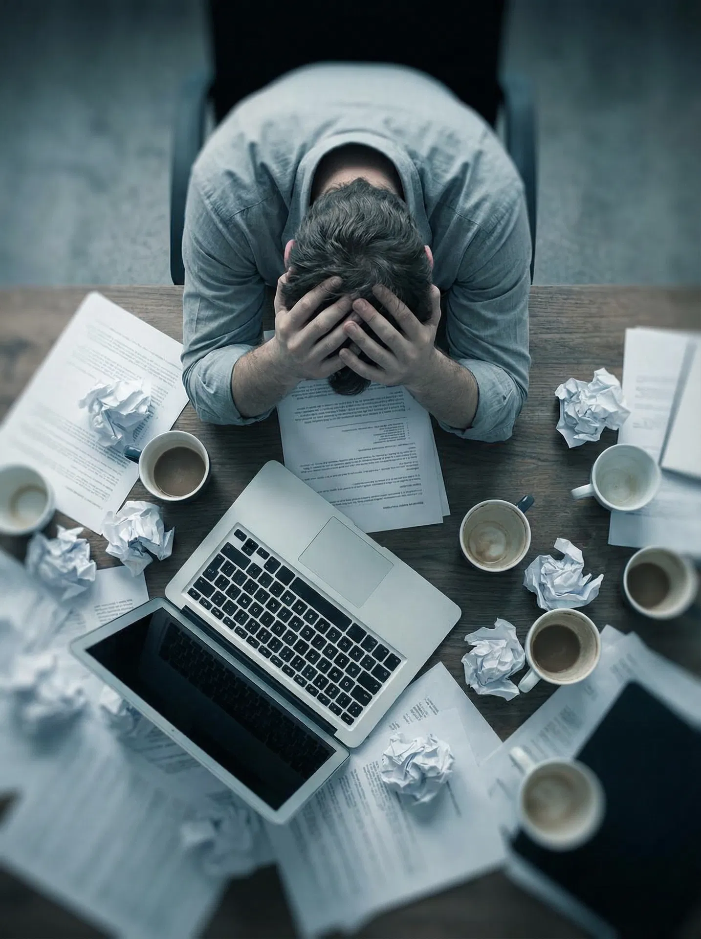 Gestresste Person am Schreibtisch