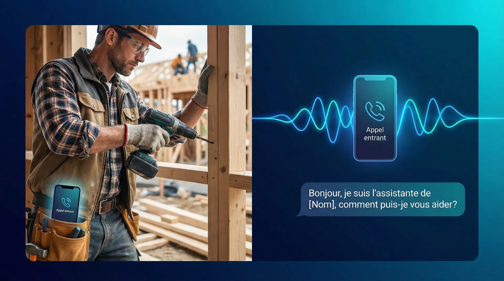Artisan québécois sur chantier avec agent vocal IA qui répond aux appels entrants