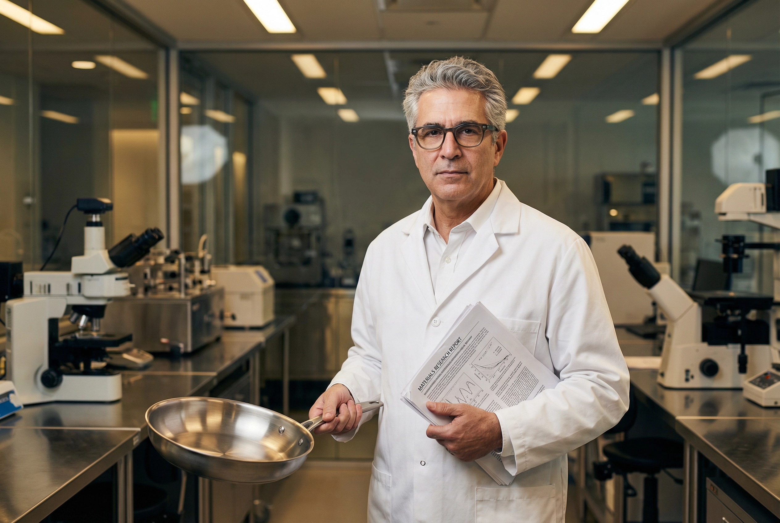 Dr. Marcus Webb in his laboratory holding a titanium pan and research documents