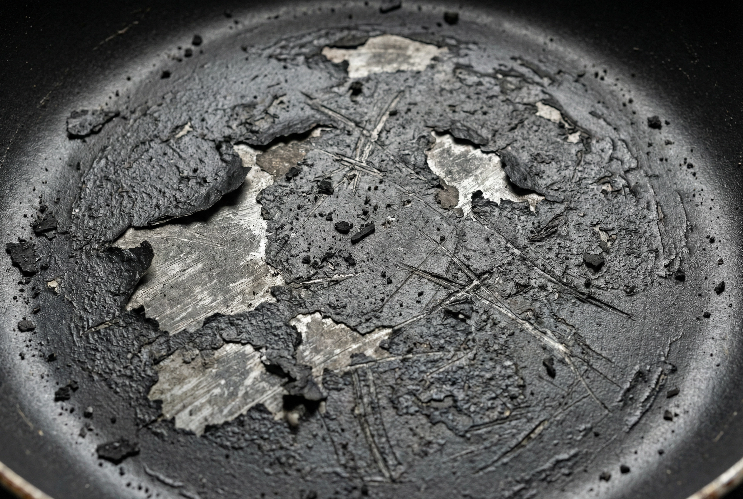 Close-up of a heavily scratched non-stick pan coating peeling off