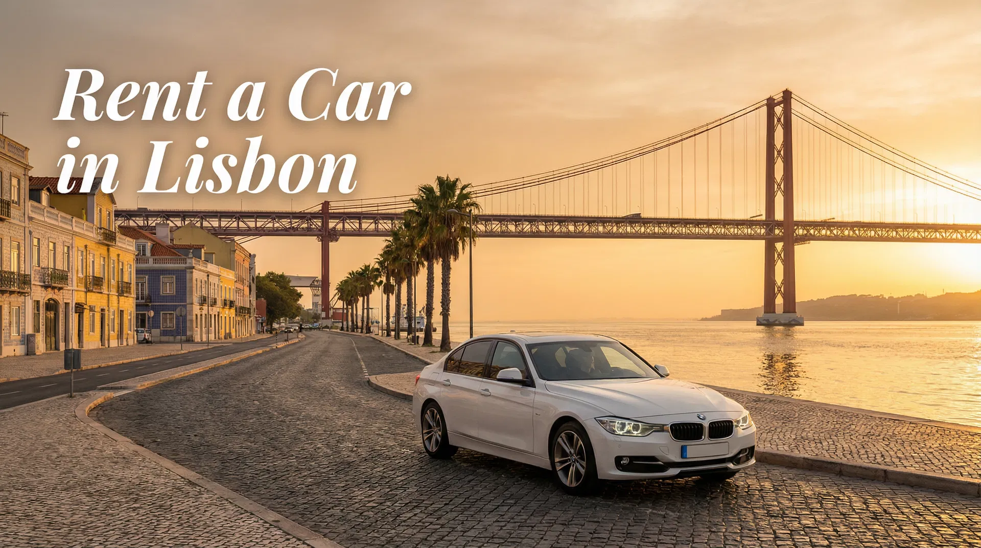 Car rental in Lisbon - Modern white car driving through city with 25 de Abril Bridge visible