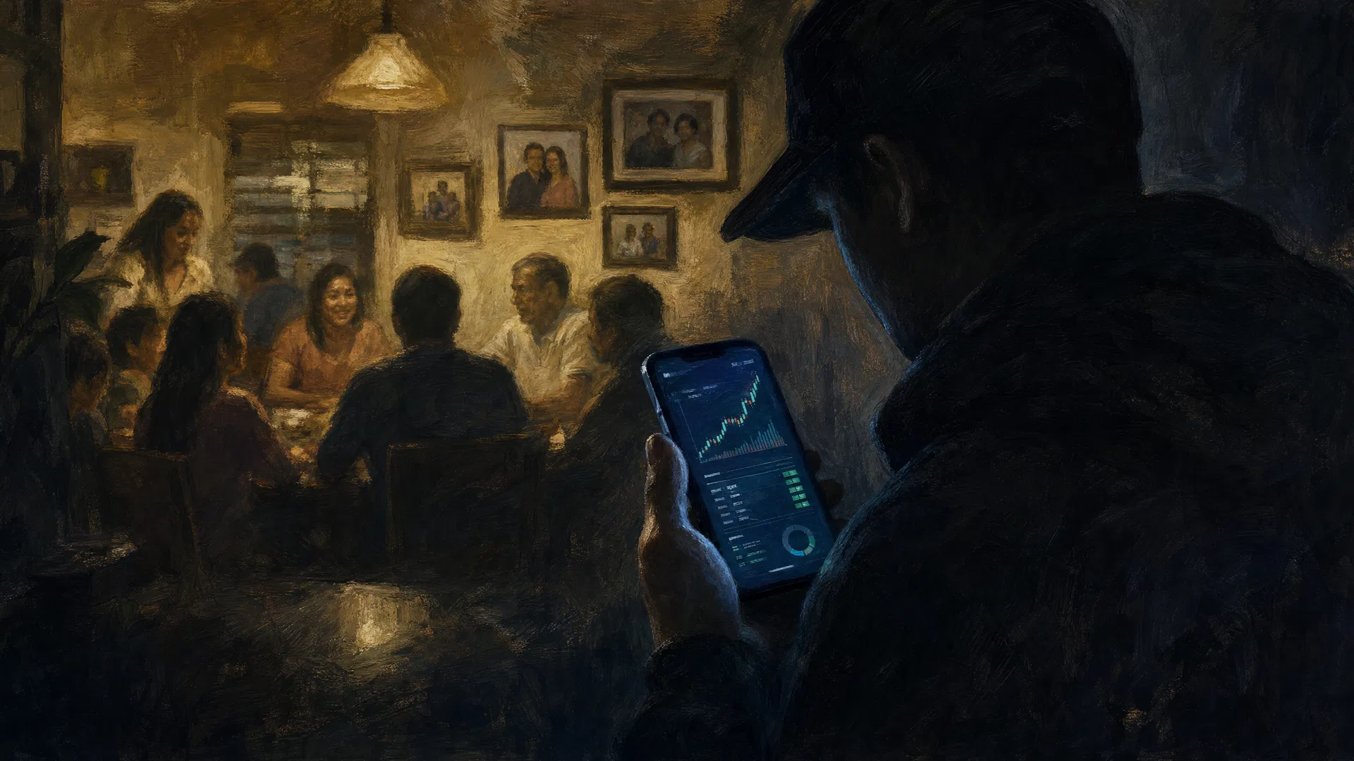 A shadowy figure holds a glowing smartphone with a fake trading dashboard, while a warm Filipino family gathering blurs in the background.
