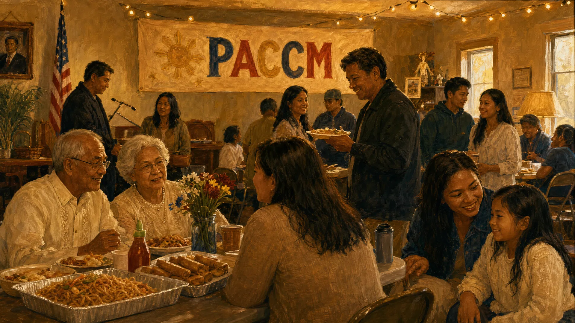 A warm oil painting of Filipino families gathered at the PACCM community center, with pancit and lumpia on the tables and a hand-painted PACCM banner on the wall.