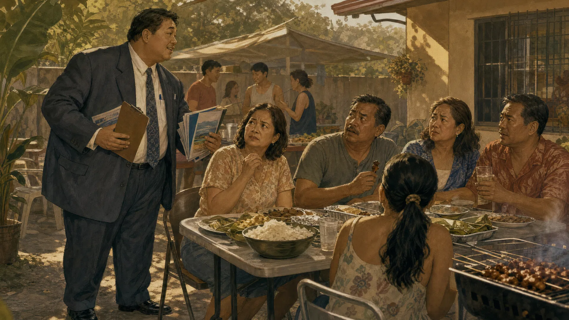 A Filipino man in an oversized suit approaches his family at a backyard barbecue, clipboard in hand, while relatives look politely uncomfortable.