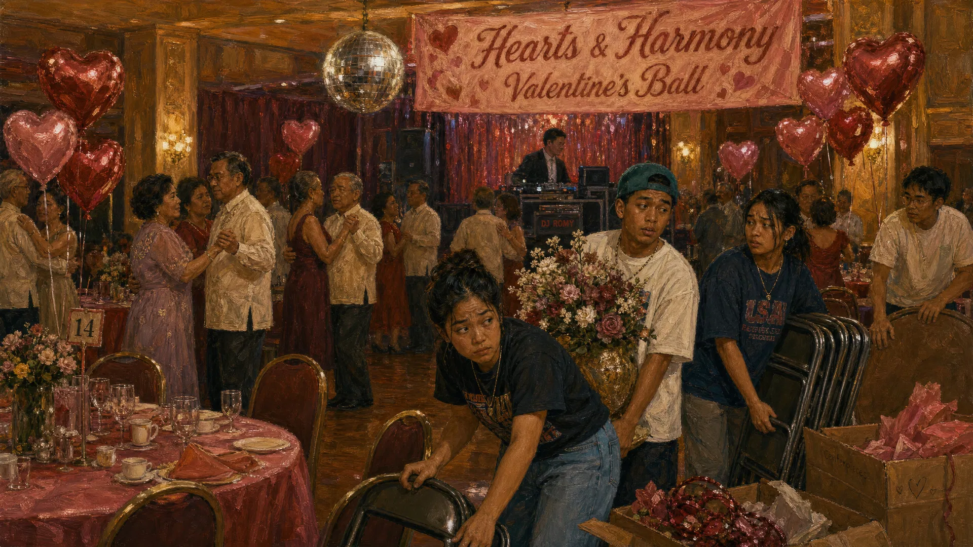 Young Filipino-Americans hauling centerpieces and folding chairs at a Valentine's Day gala while older members slow-dance under a disco ball.