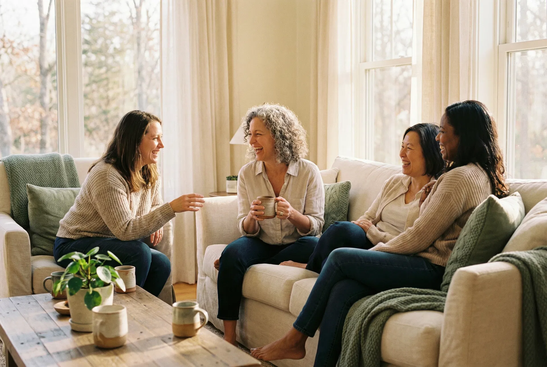 A supportive community of women sharing conversation and laughter