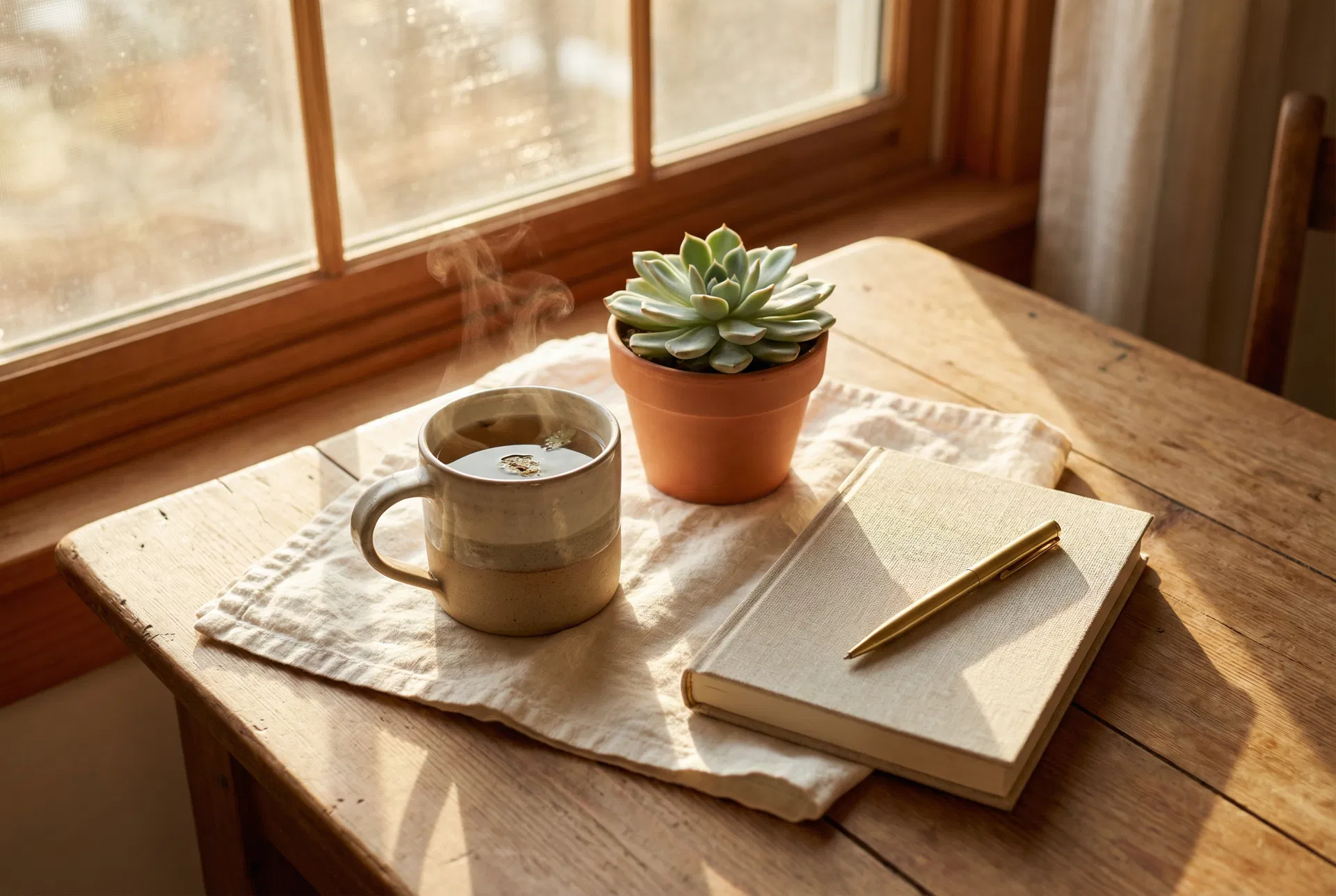 A warm wellness scene with herbal tea, journal, and natural light