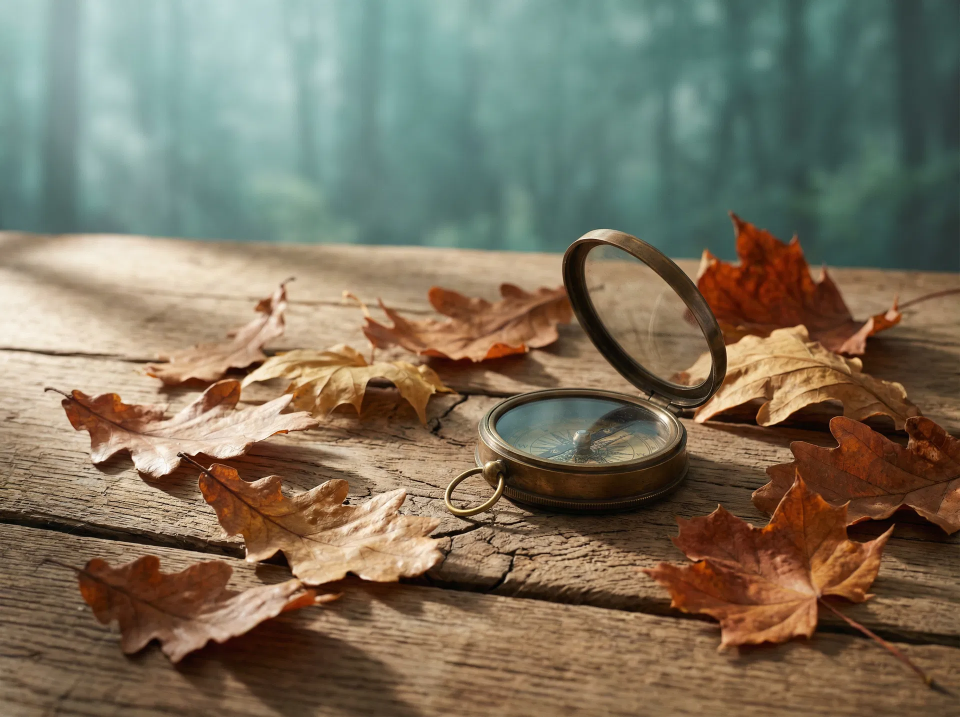 Bússola sobre folhas de outono — representando a ação de Nomear