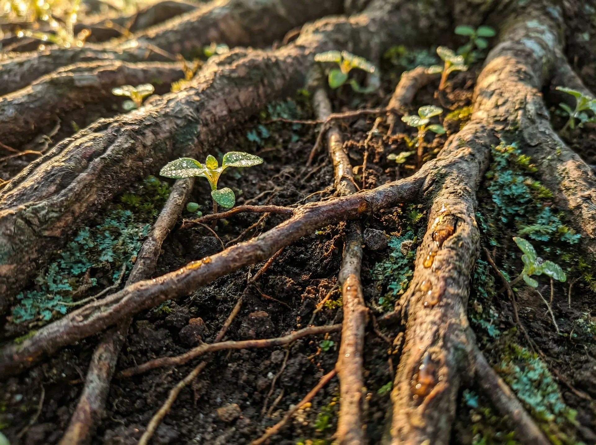 Raízes entrelaçadas com brotos — representando a ação de Sintetizar