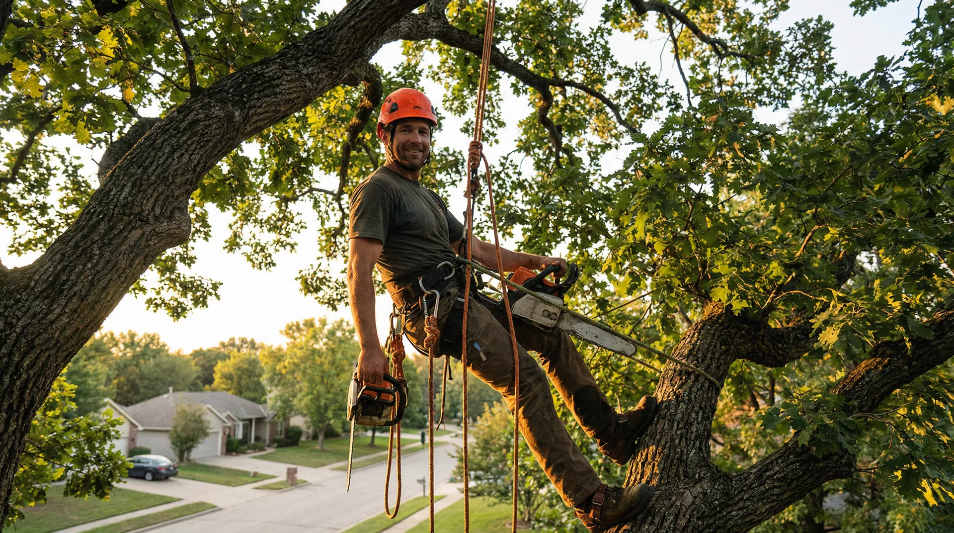 Certified arborist working in a large oak tree in Jasper Indiana