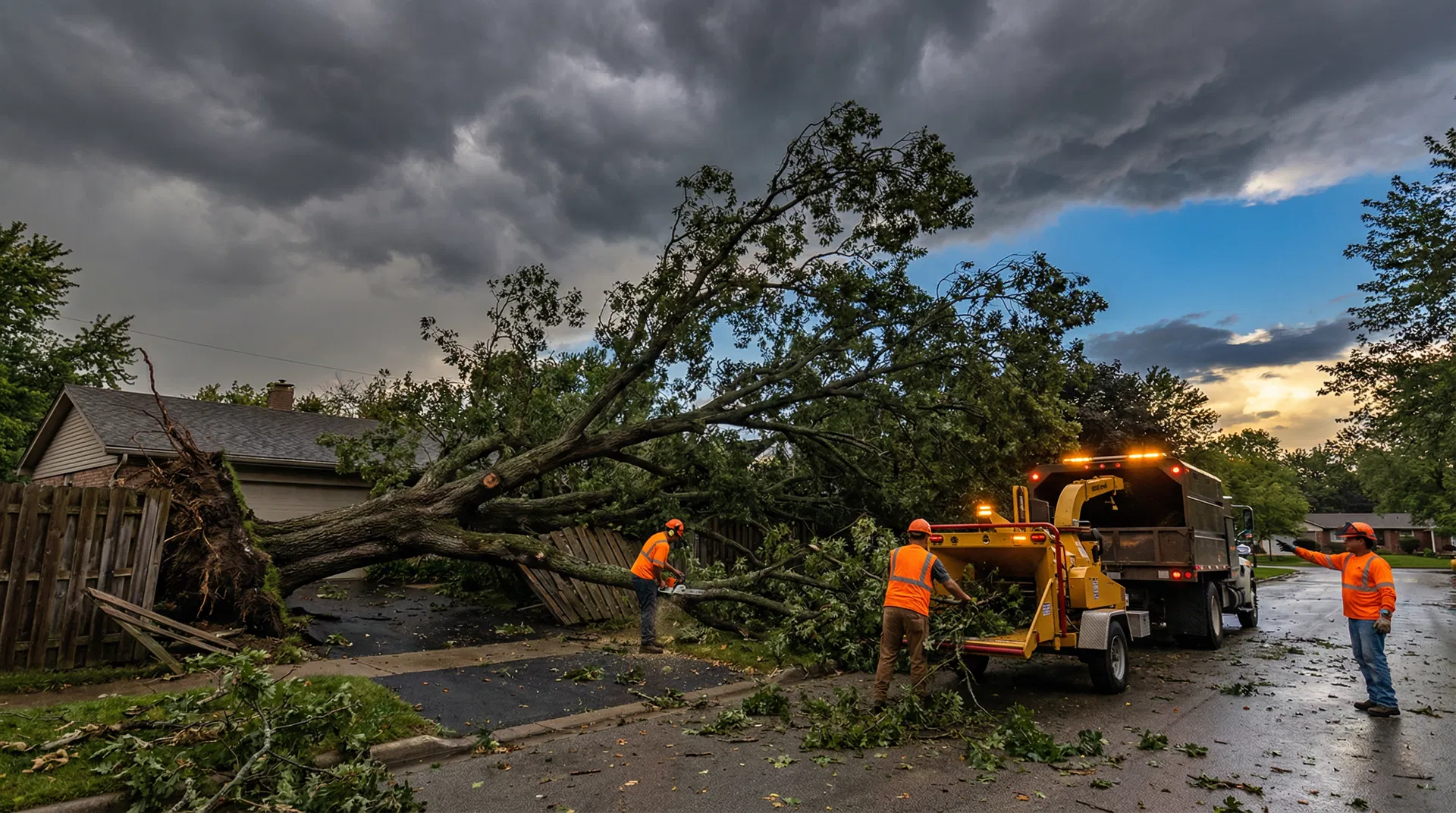 Professional tree service crew responding to storm damage in Indiana