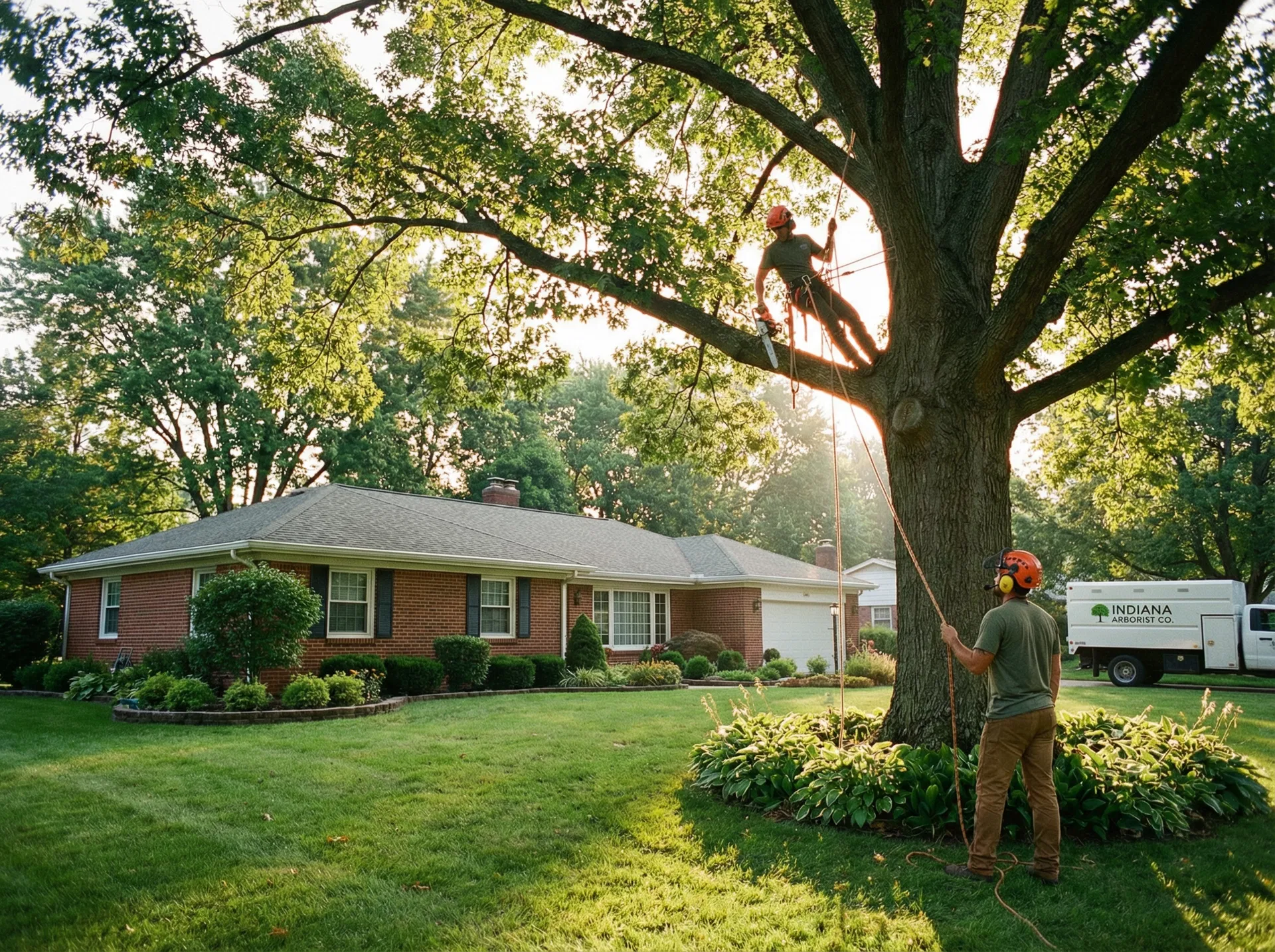 Professional arborist crew performing tree maintenance at a residential property in Jasper Indiana