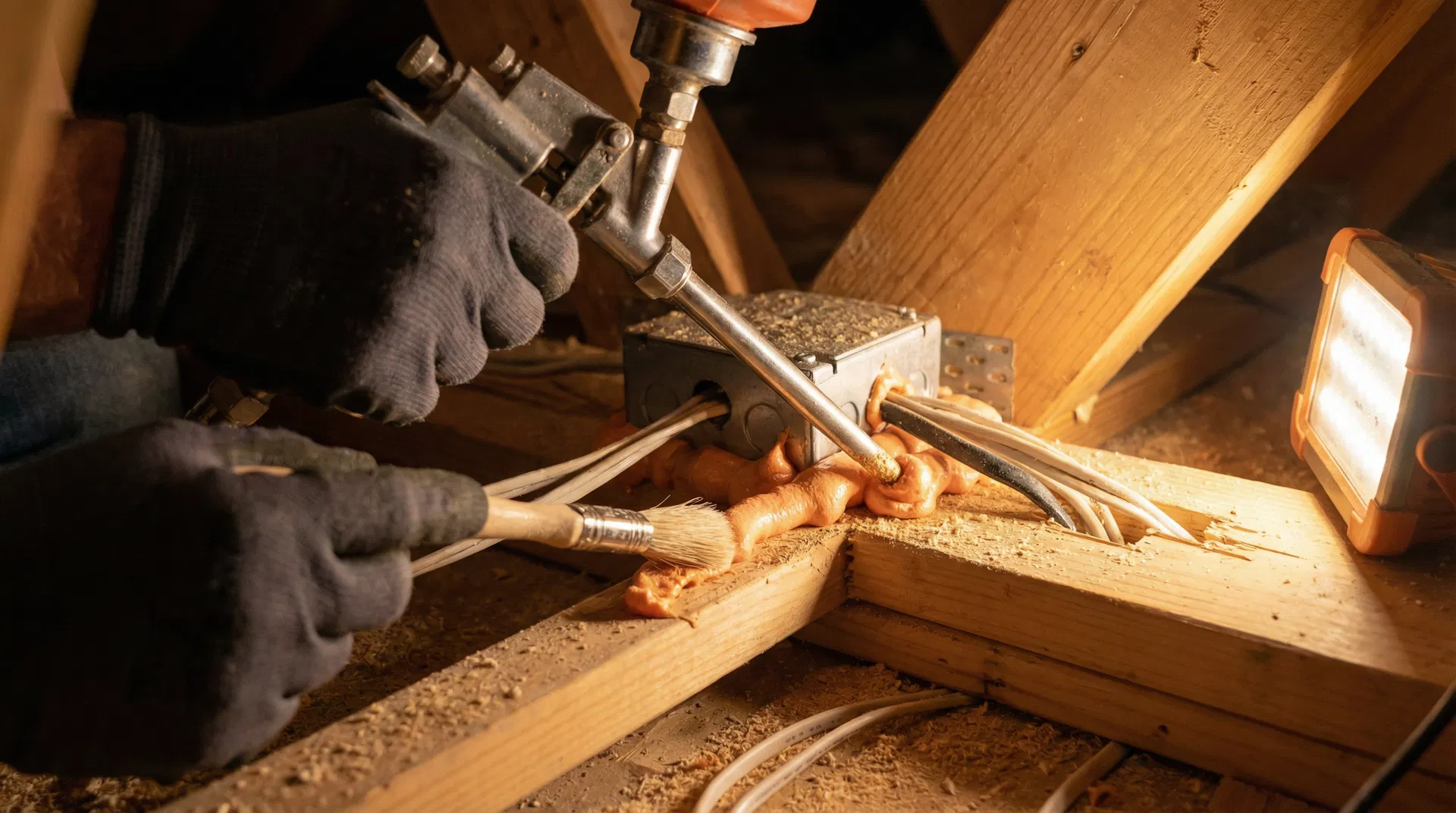 Air sealing around electrical penetrations in attic before insulation installation