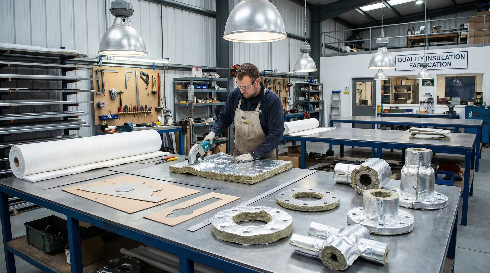 Custom insulation fabrication workshop with craftsman cutting insulation components