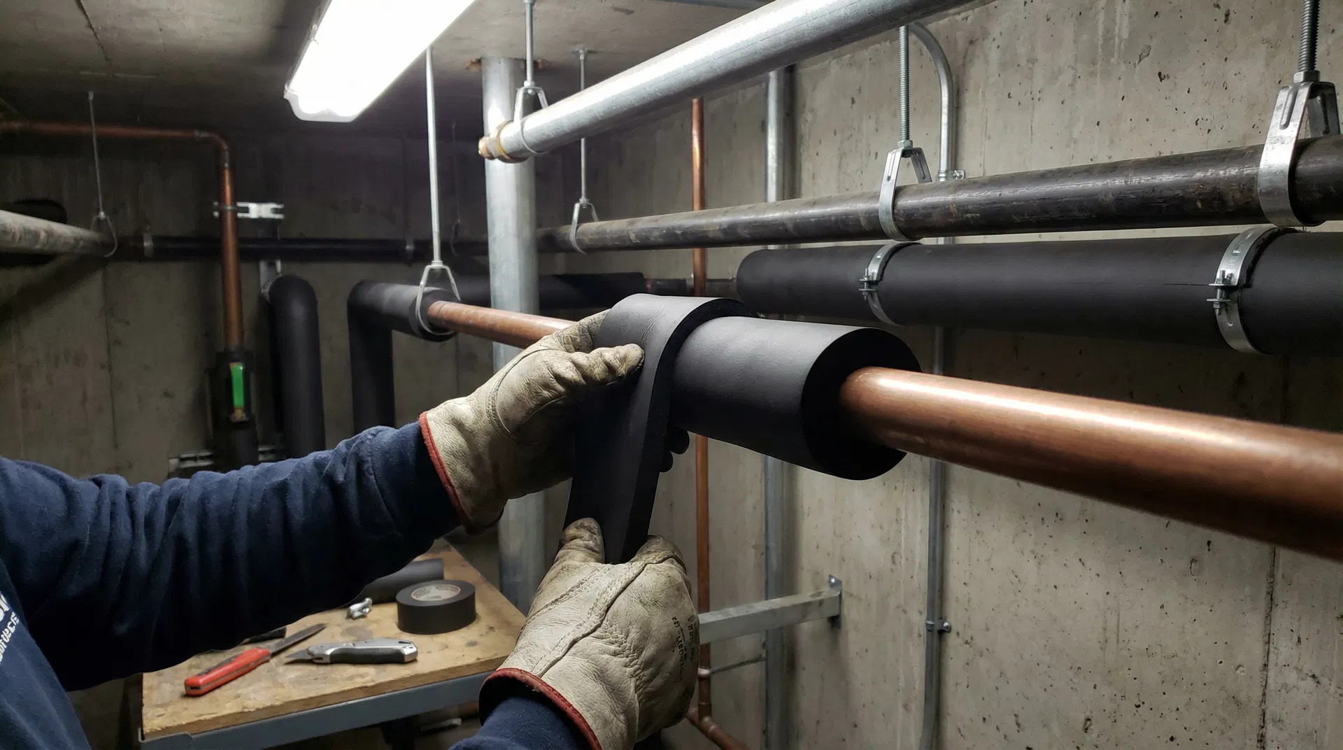 Elastomeric pipe insulation installation on copper pipes in commercial mechanical room