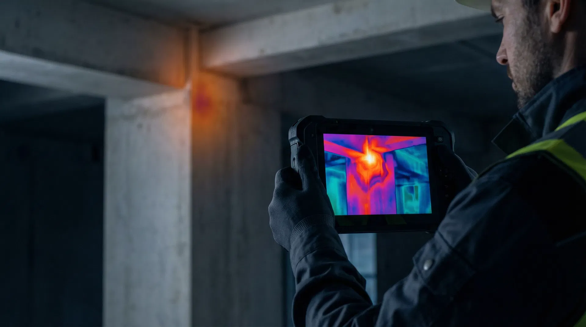 Infrared thermography camera scanning building for heat loss and insulation failures