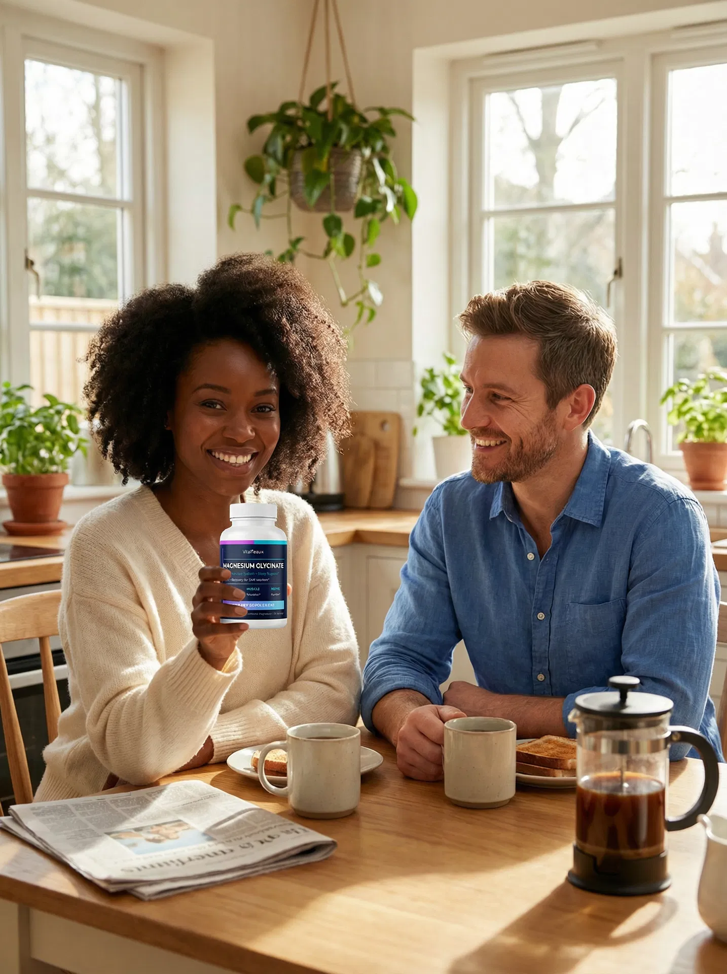 Couple at kitchen table sharing VitalFleaux