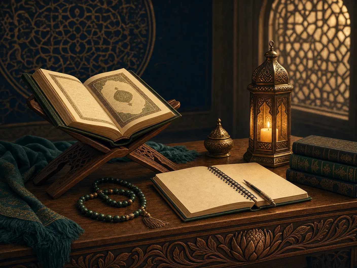 Islamic study desk with Qur'an, notebook, and lantern