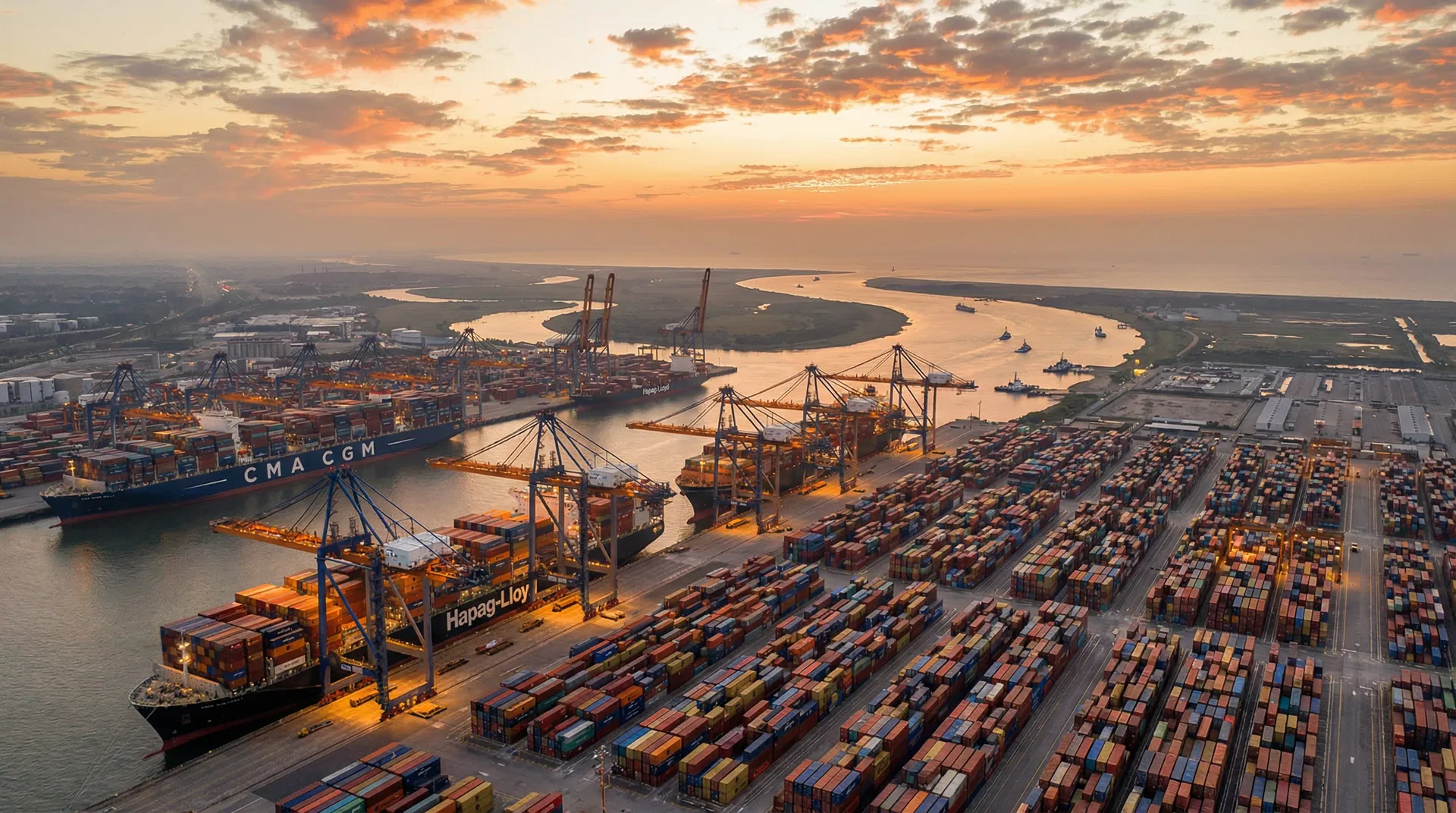 Global port operations at sunset