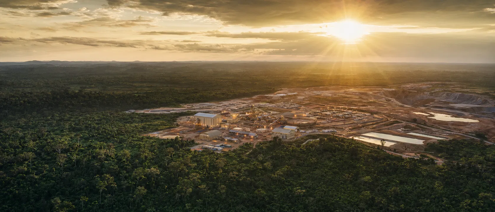 Aerial view of ethical gold mining operation in Central Africa
