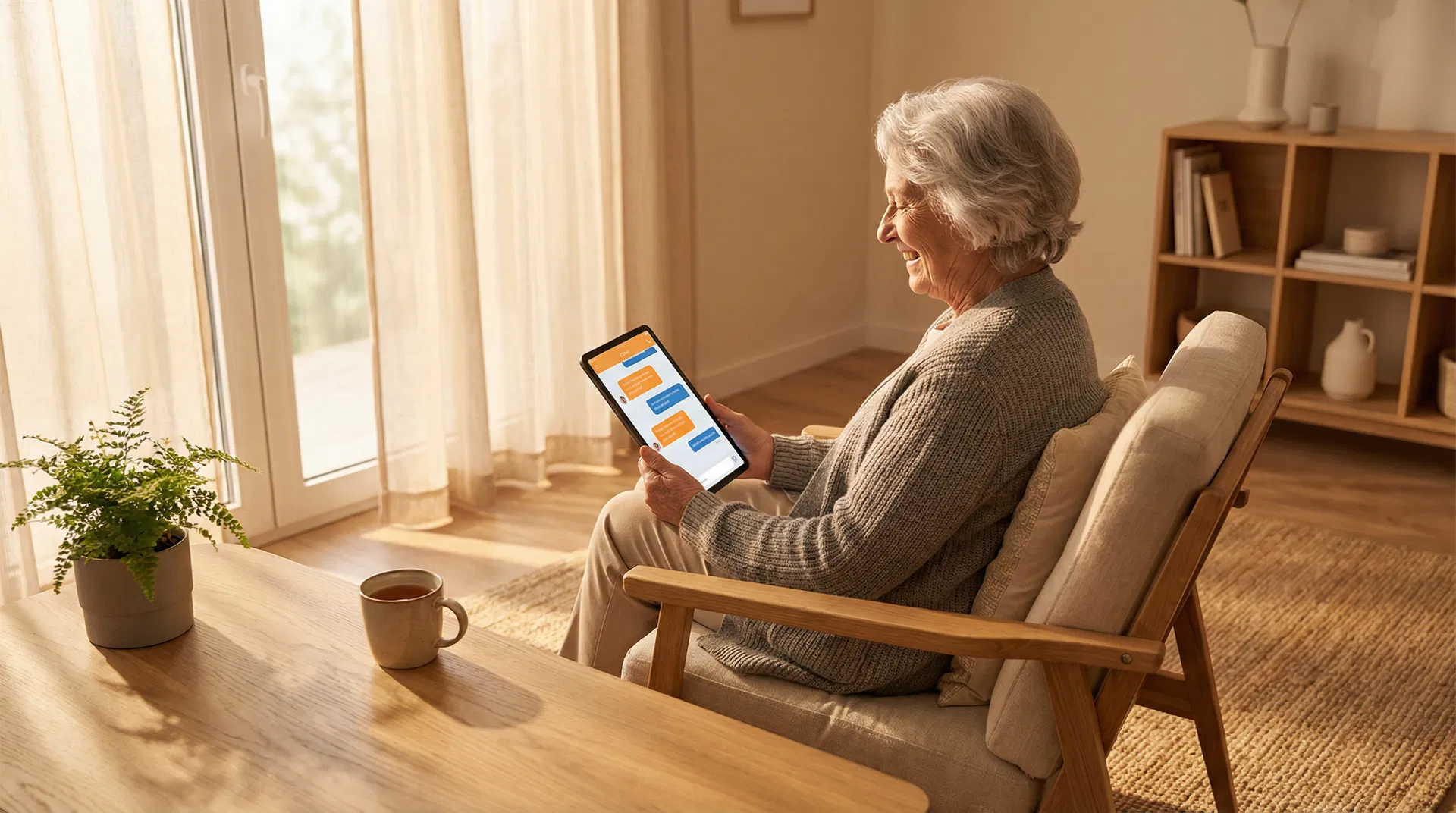 Eine Person arbeitet entspannt mit ihrem Tablet