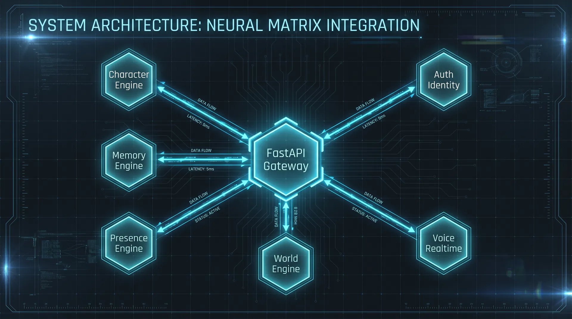 MEGATON System Architecture — FastAPI Gateway connected to Character, Memory, Presence, World, Voice, and Auth engines