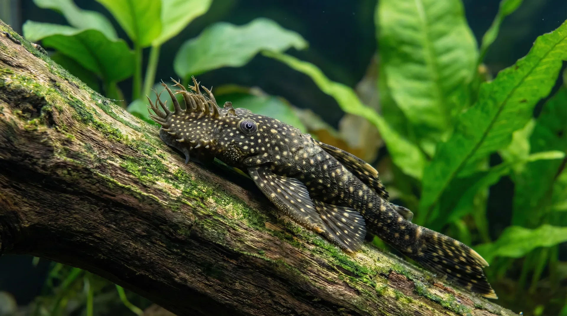 Antennenwels (Ancistrus) auf Treibholz in einem bepflanzten Aquarium – charakteristische Tentakel auf dem Kopf