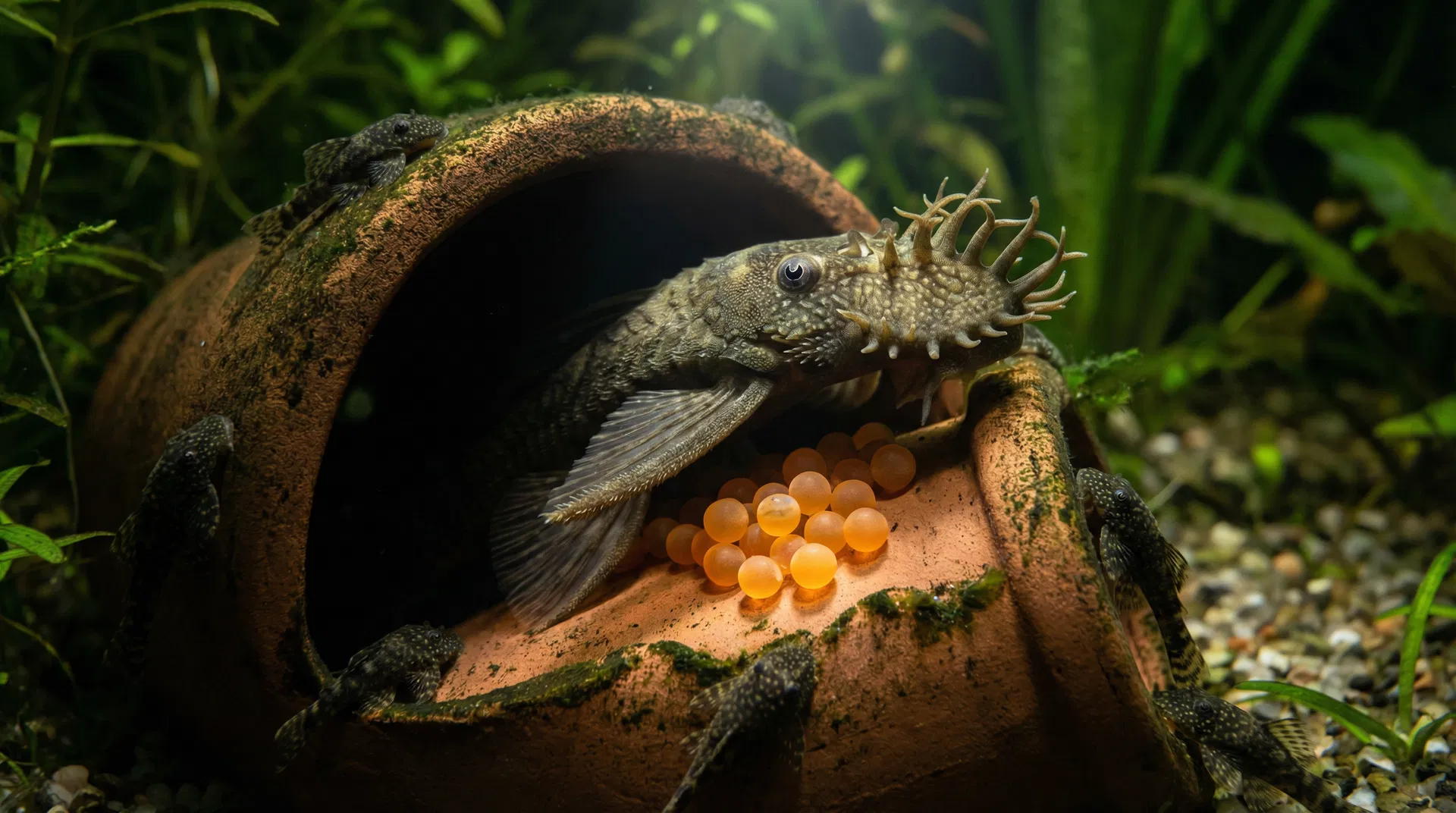 Männlicher Antennenwels bewacht sein Gelege orangefarbener Eier in einer Tontopf-Höhle