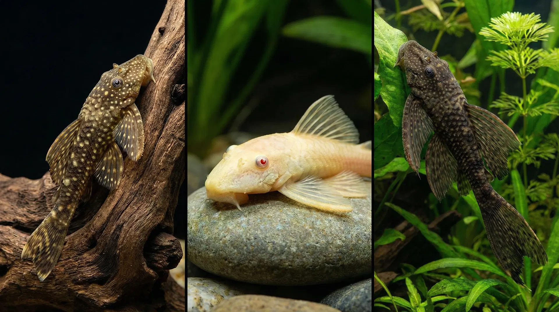 Drei Antennenwels-Zuchtformen im Vergleich: Wildform, Albino und Longfin