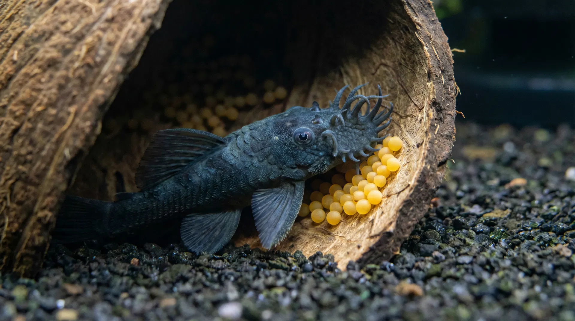 Männlicher Blauer Antennenwels bewacht gelbe Eier in einer Kokosnusshöhle