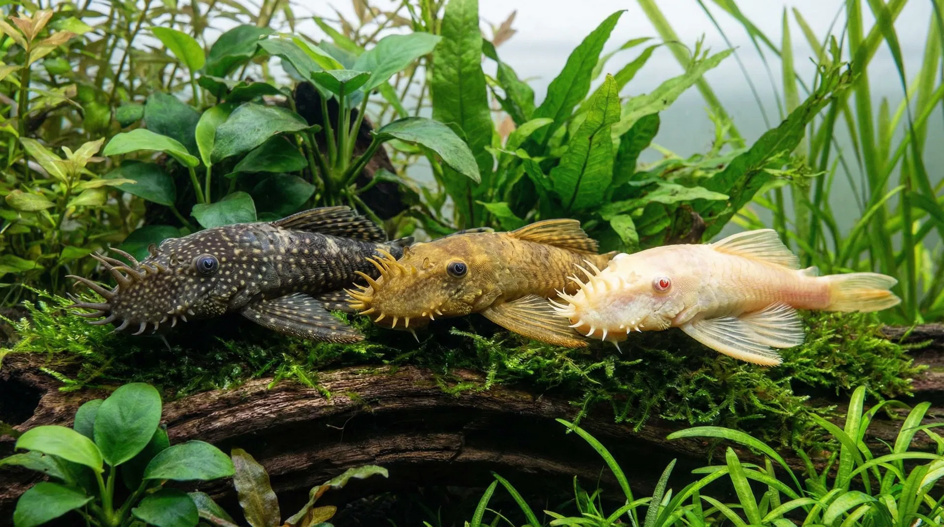 Drei Zuchtformen des Blauen Antennenwels: Wildform, Gold und Albino nebeneinander