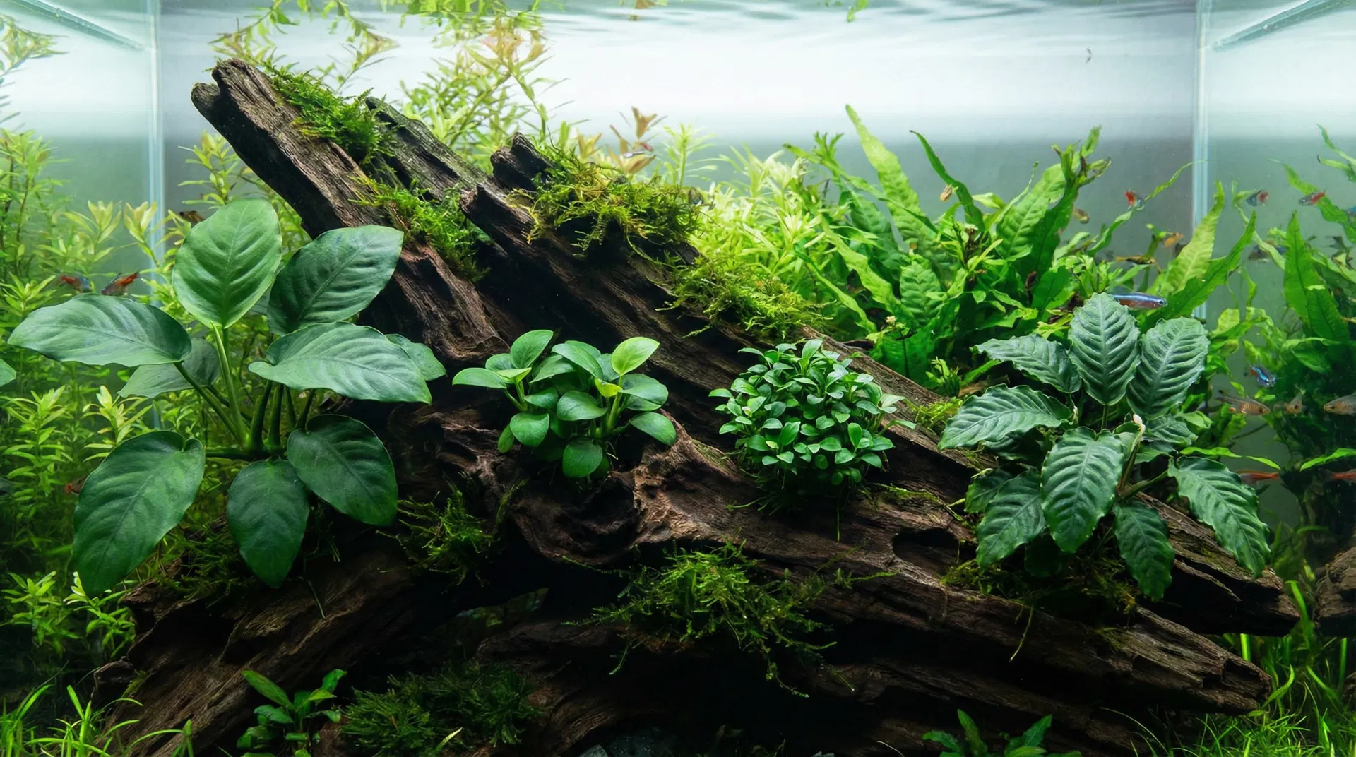 Verschiedene Anubias-Sorten im Aquarium nebeneinander
