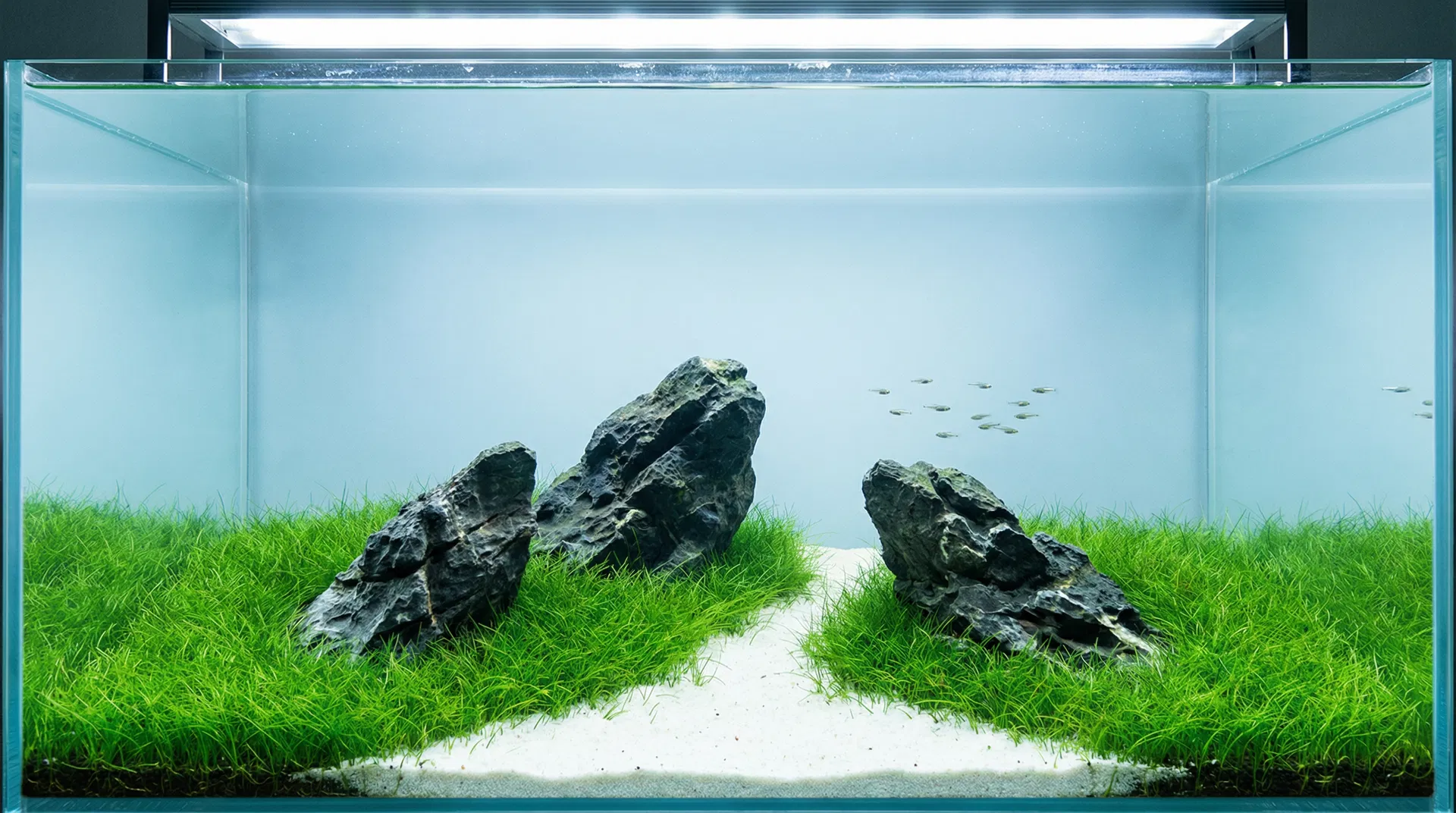 Iwagumi-Layout – minimalistisches Aquascape mit Steinen und Grasteppich