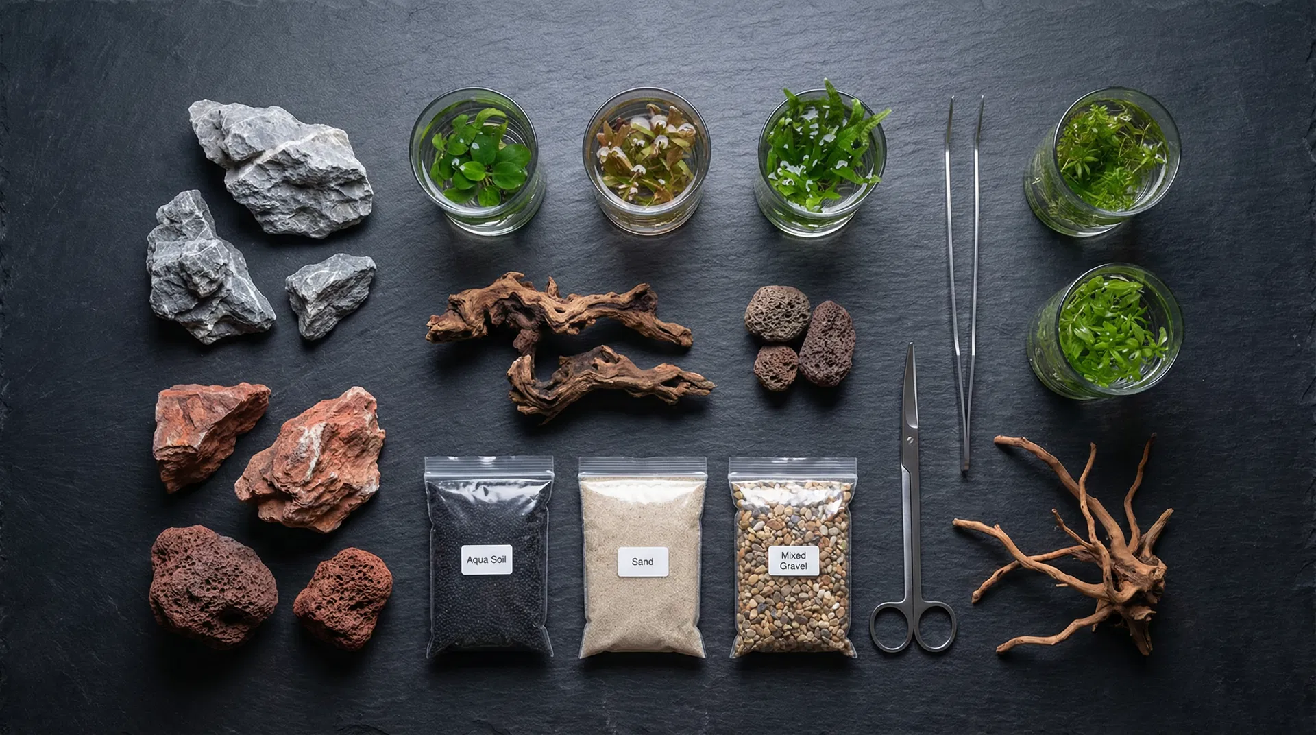 Aquascaping-Materialien – Steine, Wurzeln, Substrate und Pflanzen auf Schiefer